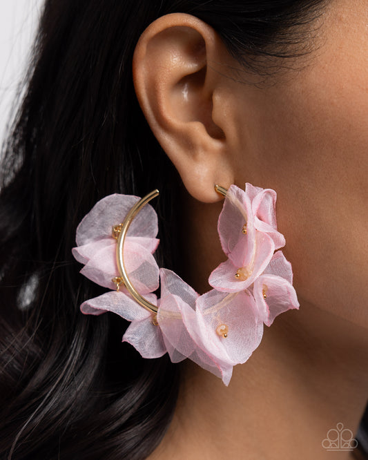 Petaled Pageant Gold Pink Chiffon Hoop Earring - Paparazzi Accessories  A classy collection of baby pink chiffon flowers with dainty Desert Flower faceted beaded centers are wrapped along the outside curve of a shiny, gold hoop by shimmery gold wire for a whimsical, posh finish. Earring attaches to a standard post fitting. Hoop measures approximately 1 3/4" in diameter.  Sold as one pair of hoop earrings.  P5HO-GDXX-360XX