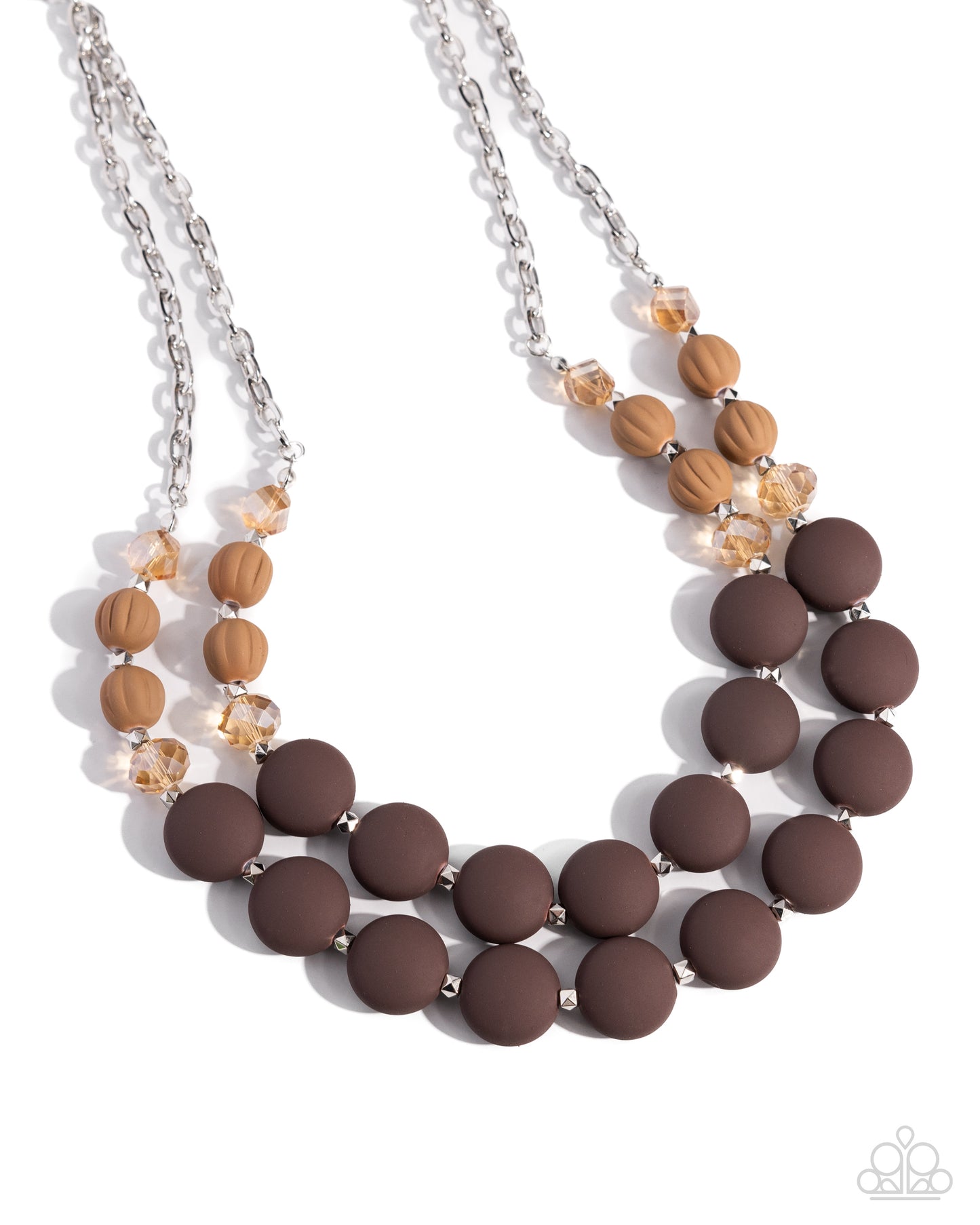 Whimsically Wealthy Brown Necklace - Paparazzi Accessories  Light-colored topaz faceted beads, silver beads, warm brown beads, and brown matte beads are infused along classic silver chains that layer below the neckline for a colorfully charismatic look. Features an adjustable clasp closure.  Sold as one individual necklace. Includes one pair of matching earrings.  P2WH-BNXX-247XX