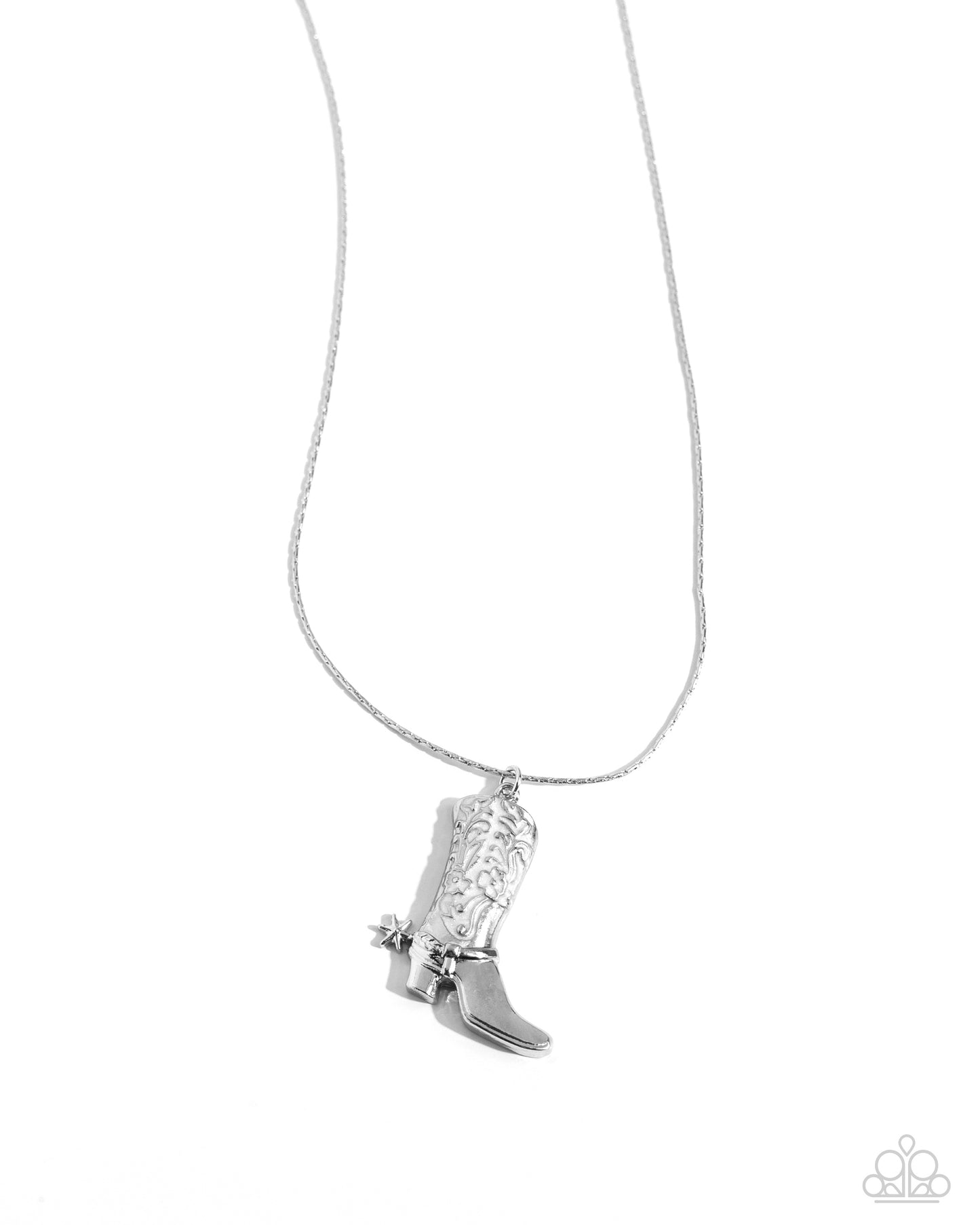 Cowboy Confidence White Boot Necklace - Paparazzi Accessories  Gliding along an abstract silver chain, a white pearl-painted silver cowboy boot with decorative-like stitching and a silver spur creates a western-inspired statement below the neckline. Features an adjustable clasp closure.  Sold as one individual necklace. Includes one pair of matching earrings.  P2SE-WTXX-320XV