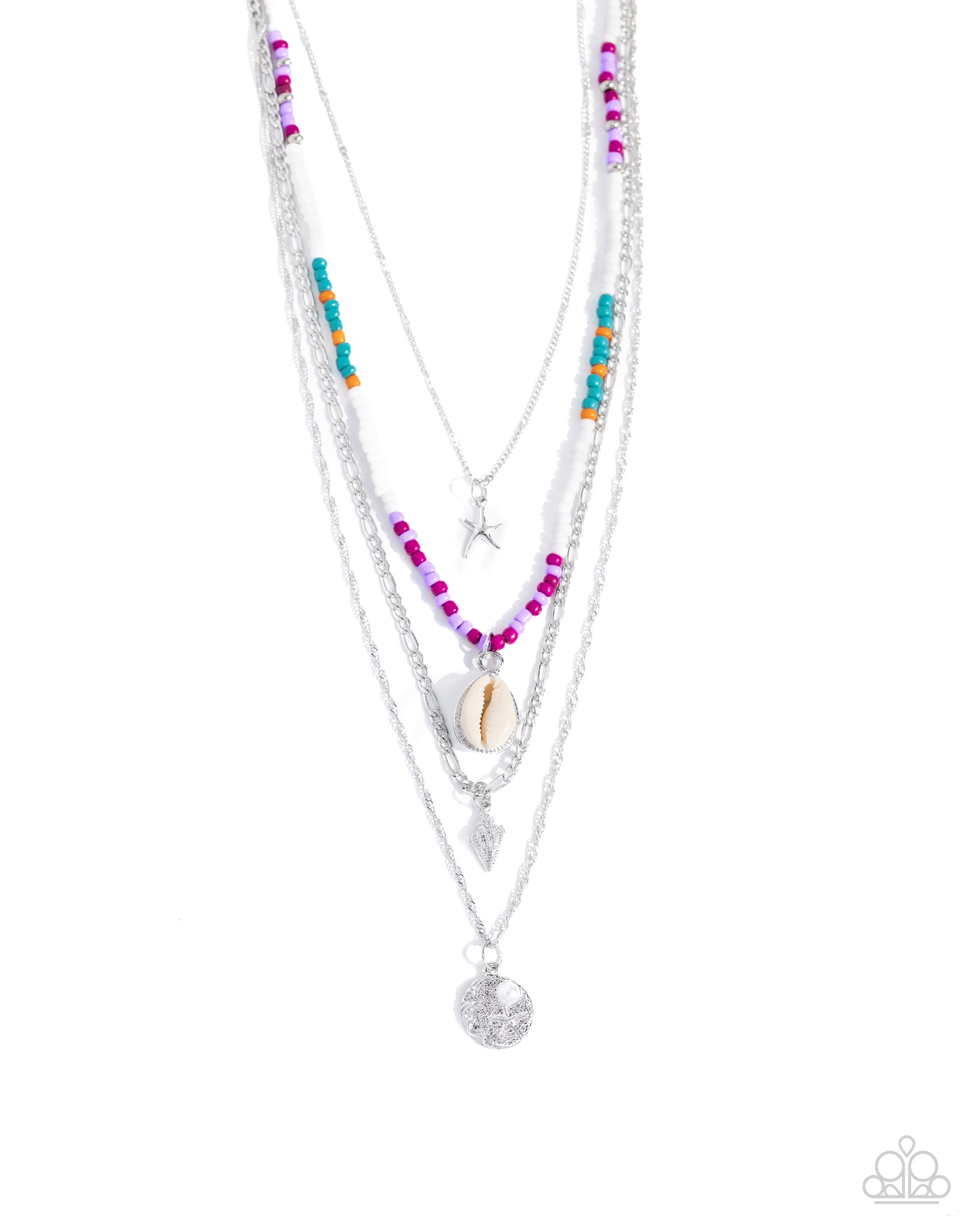 Oceanic Obligato Purple Necklace - Paparazzi Accessories A collection of various silver chains, one infused with a collection of multicolored seed beads cascades in whimsical layers along the neckline. The uppermost chain features a dainty silver starfish charm, the seed-beaded strand features a white conch shell set against a silvery backdrop, and a shimmery seashell dangles from the chain below the colored strand. Includes one pair of matching earrings. P2SE-PRXX-254XX