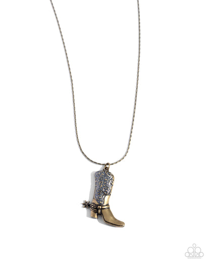 Cowboy Confidence Brass Necklace - Paparazzi Accessories  Gliding along an abstract brass chain, a pearl-painted brass cowboy boot with decorative-like stitching and a brass spur creates a western-inspired statement below the neckline. Features an adjustable clasp closure.  Sold as one individual necklace. Includes one pair of matching earrings.  P2SE-BRXX-164XW