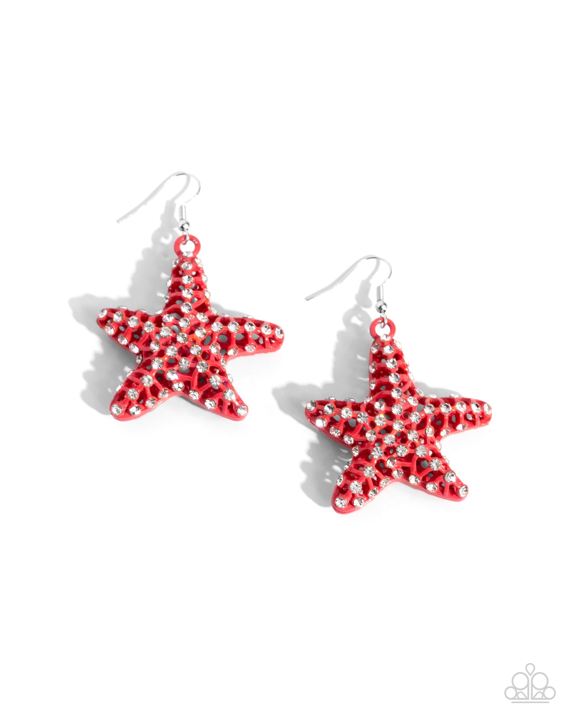 Skilled Starfish Orange Earring - Paparazzi Accessories  Featuring an explosion of dainty white rhinestones, an airy orange starfish charm flickers and flashes below the ear for a seaworthy statement. Earring attaches to a standard fishhook fitting.  Sold as one pair of earrings.  P5ST-OGXX-032XX