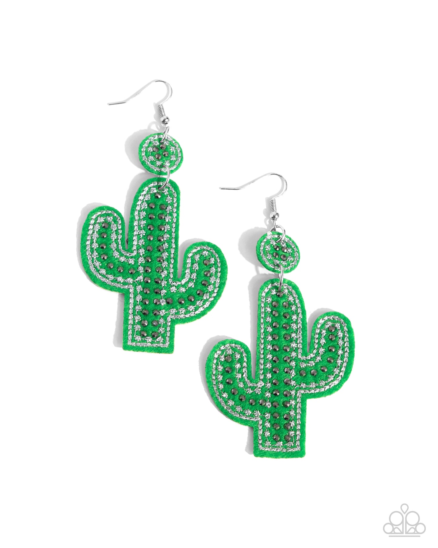 Cactus Cameo Green Earring - Paparazzi Accessories  Featuring hematite beading and silver stitching, a Grass Green circle gives way to a Grass Green felt cactus embellished with similar shimmer and detailing for a desert-inspired display. Earring attaches to a standard fishhook fitting.  Sold as one pair of earrings.  SKU: P5ST-GRXX-035XX