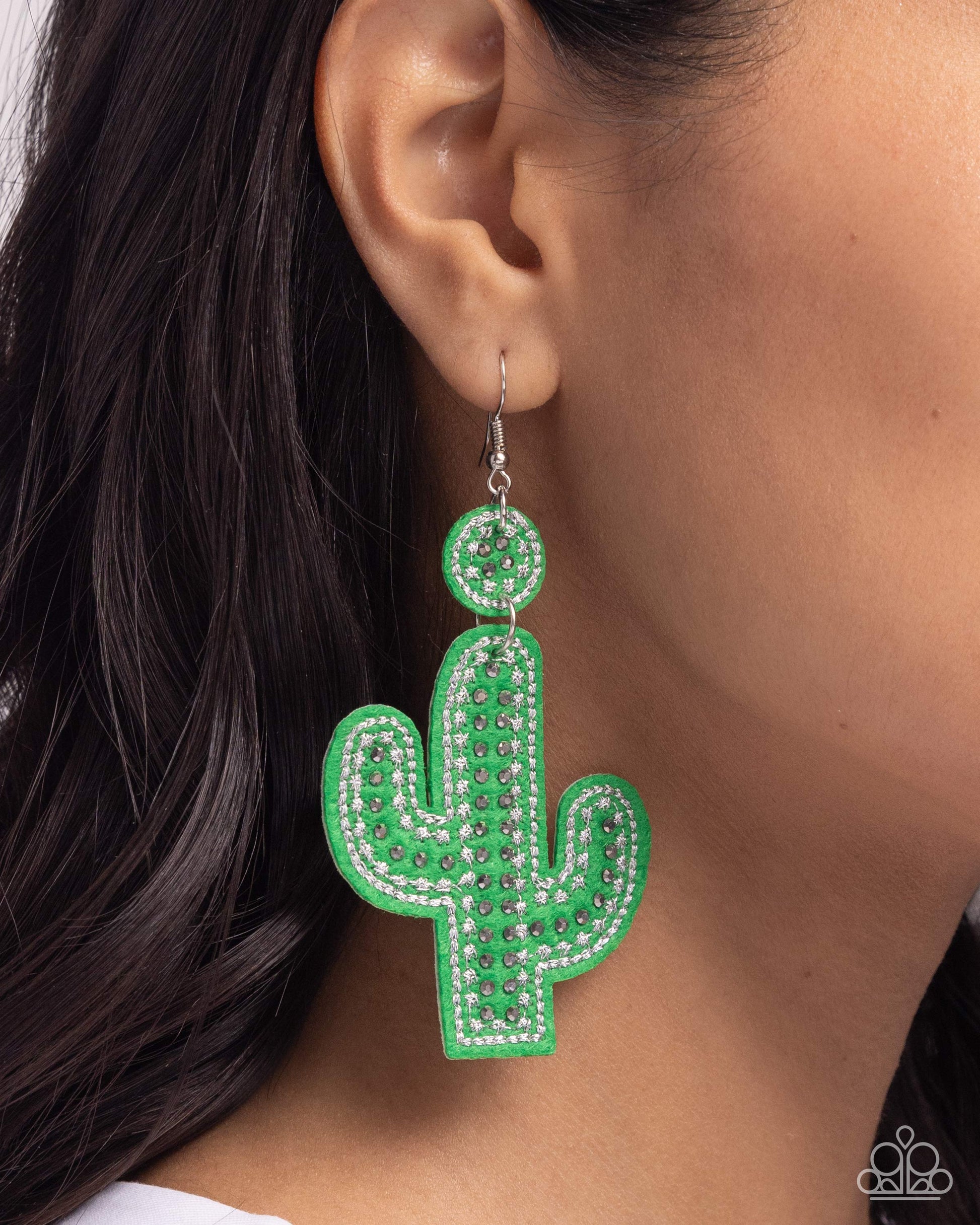 Cactus Cameo Green Earring - Paparazzi Accessories  Featuring hematite beading and silver stitching, a Grass Green circle gives way to a Grass Green felt cactus embellished with similar shimmer and detailing for a desert-inspired display. Earring attaches to a standard fishhook fitting.  Sold as one pair of earrings.  SKU: P5ST-GRXX-035XX