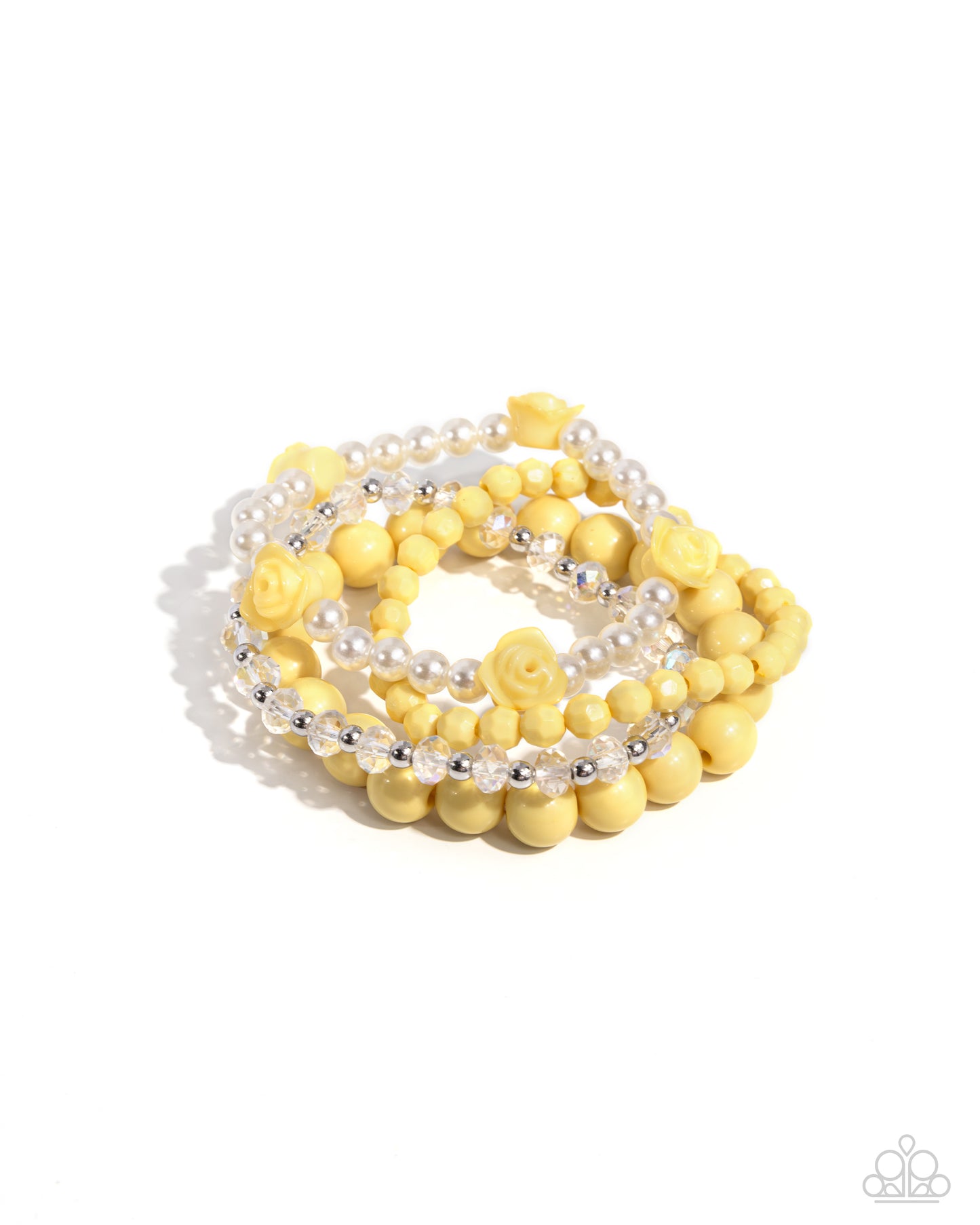 Rosy Retrospection Yellow Stretch Bracelet - Paparazzi Accessories  Infused along elastic stretchy bands, a collection of Lemon Drop rosette beads, faceted beads, and high-sheen beads combine with silver beads, white pearls, and faceted clear beads for a whimsical stack of color along the wrist.  Sold as one set of four bracelets.  P9WH-YWXX-162XX