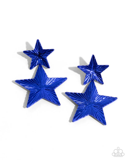 Patriotic Promise Blue Star Post Earring - Paparazzi Accessories  Delicately fluted in shimmery textures, vibrant blue stars, one larger than the other, delicately link into a stacked, patriotic lure. Earring attaches to a standard post fitting.  Sold as one pair of post earrings.  P5PO-BLXX-187XX