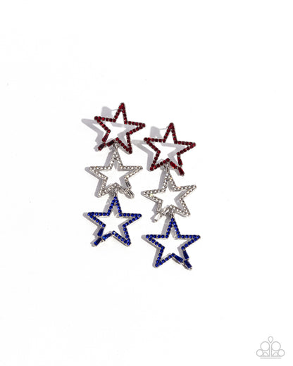 Patriotic Pageantry Multi Star Post Earring - Paparazzi Accessories  Embellished in red, white, and blue rhinestones and emerald-cut gems, a trio of airy silver stars interlock and cascade below the ear for a polished, patriotic look. Earring attaches to a standard post fitting.  Sold as one pair of post earrings.  P5PO-MTXX-133XX