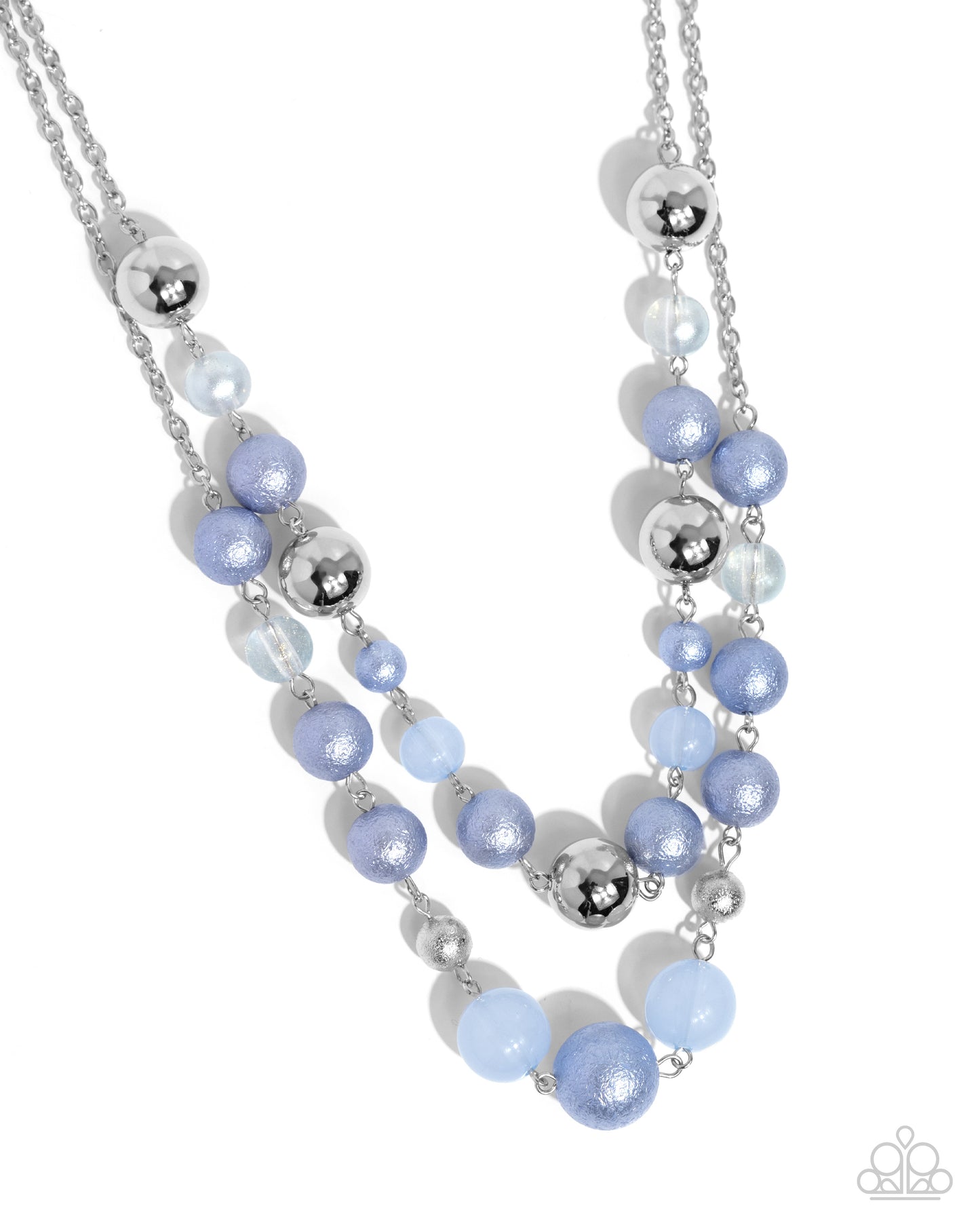 Beaded Benefit Blue Necklace - Paparazzi Accessories  Chambray Blue milky, clear, and glittery beads in varying sizes combine with sleek silver beads along two silver chains for a colorfully layered look. Features an adjustable clasp closure.  Sold as one individual necklace. Includes one pair of matching earrings.  P2ST-BLXX-284ZE