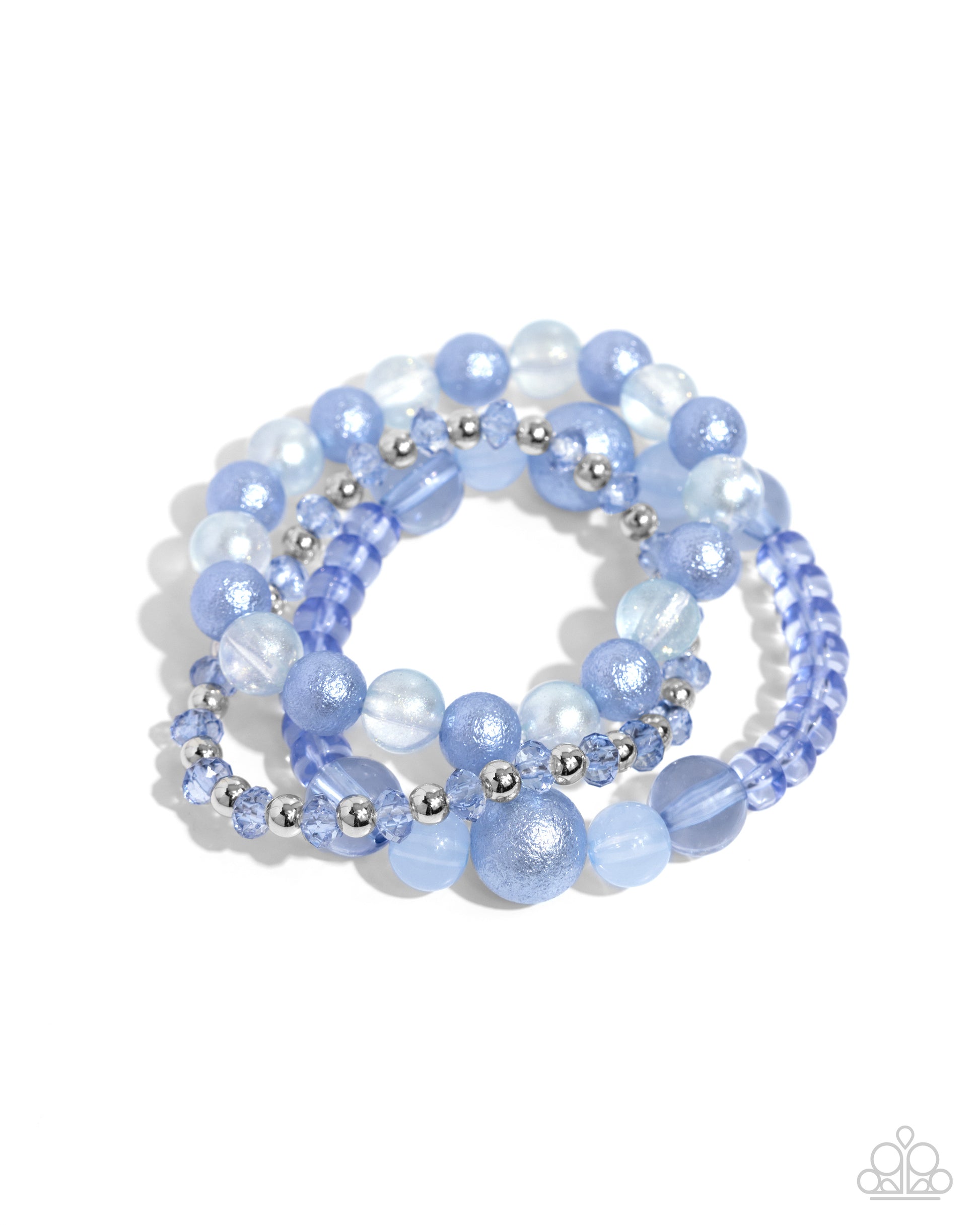 Shattered Stack Blue Stretch Bracelet - Paparazzi Accessories  Chambray Blue milky, clear, and glittery beads in varying sizes and faceted details combine with sleek silver beads along elastic stretchy bands for a colorful stack.  Sold as one set of three bracelets.  P9WH-BLXX-289ZE