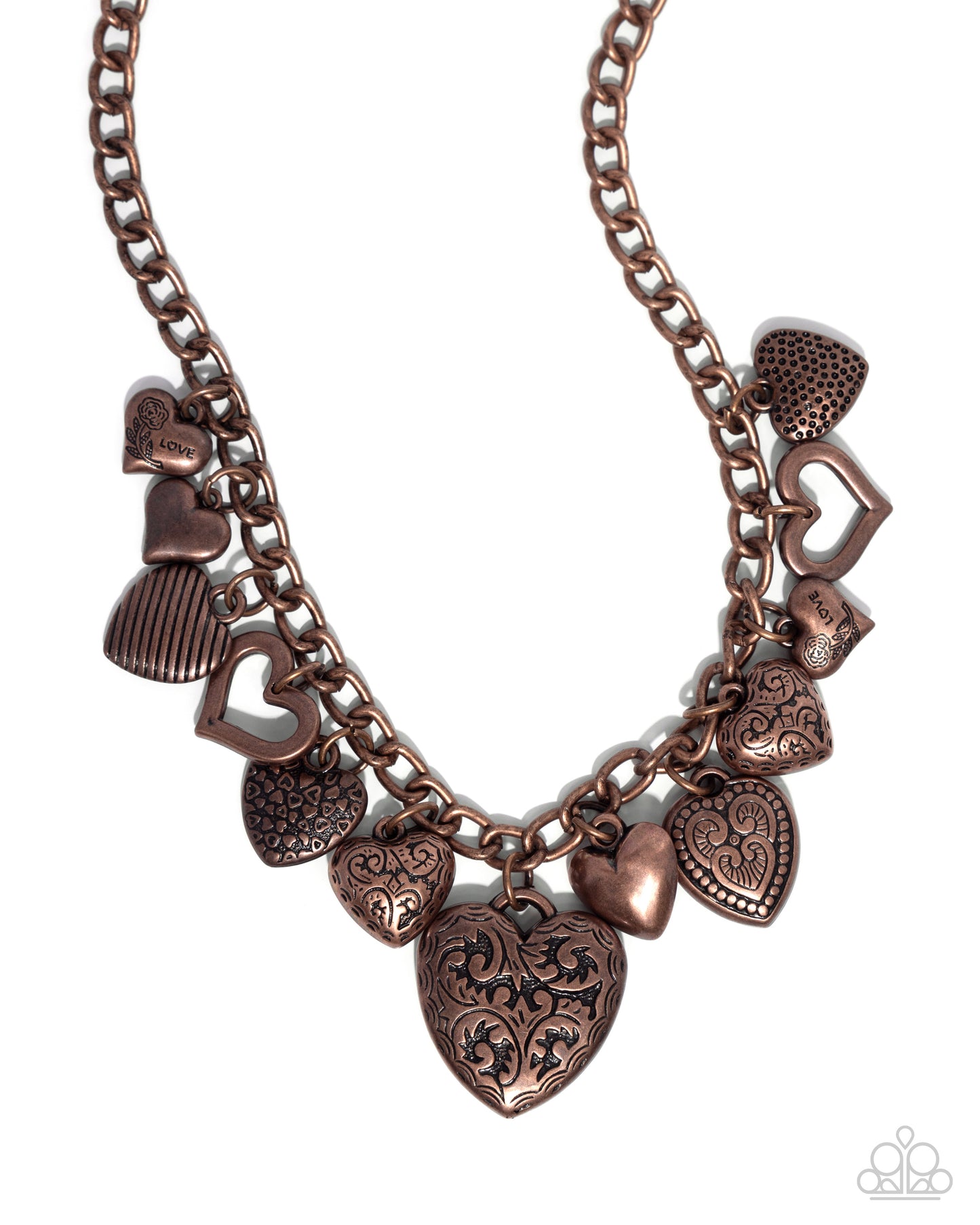 Heart Hangout Copper Necklace - Paparazzi Accessories  A unique variety of decorative filigree and texture-embellished copper heart charms dance along a copper cable chain for a rustically romantic look. Features an adjustable clasp closure.  Sold as one individual necklace. Includes one pair of matching earrings.  P2WH-CPXX-196XX