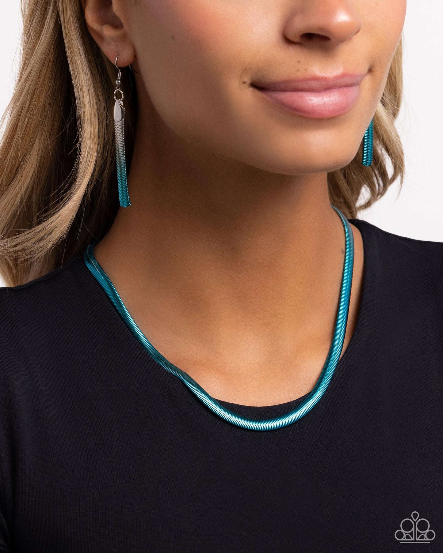 Spray Paint Sass Blue Necklace - Paparazzi Accessories  Featuring a spray paint effect, a silver snake chain slowly fades from silver to blue as it loops around the neckline for a charismatically colorful display. Features an adjustable clasp closure.  Sold as one individual necklace. Includes one pair of matching earrings.  SKU: P2ED-BLXX-048XX