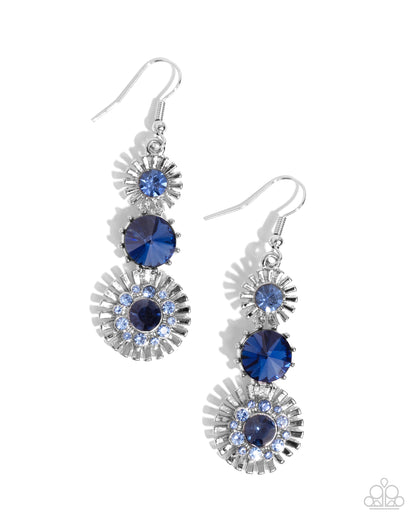 Dedicated Dalliance Blue Earring - Paparazzi Accessories  A trio of dazzling flared sunburst-inspired silver frames, each embellished with blue rhinestones and gems, brilliantly drip from the ear for a flawless finish. Earring attaches to a standard fishhook fitting.  Sold as one pair of earrings.  P5RE-BLXX-302XX