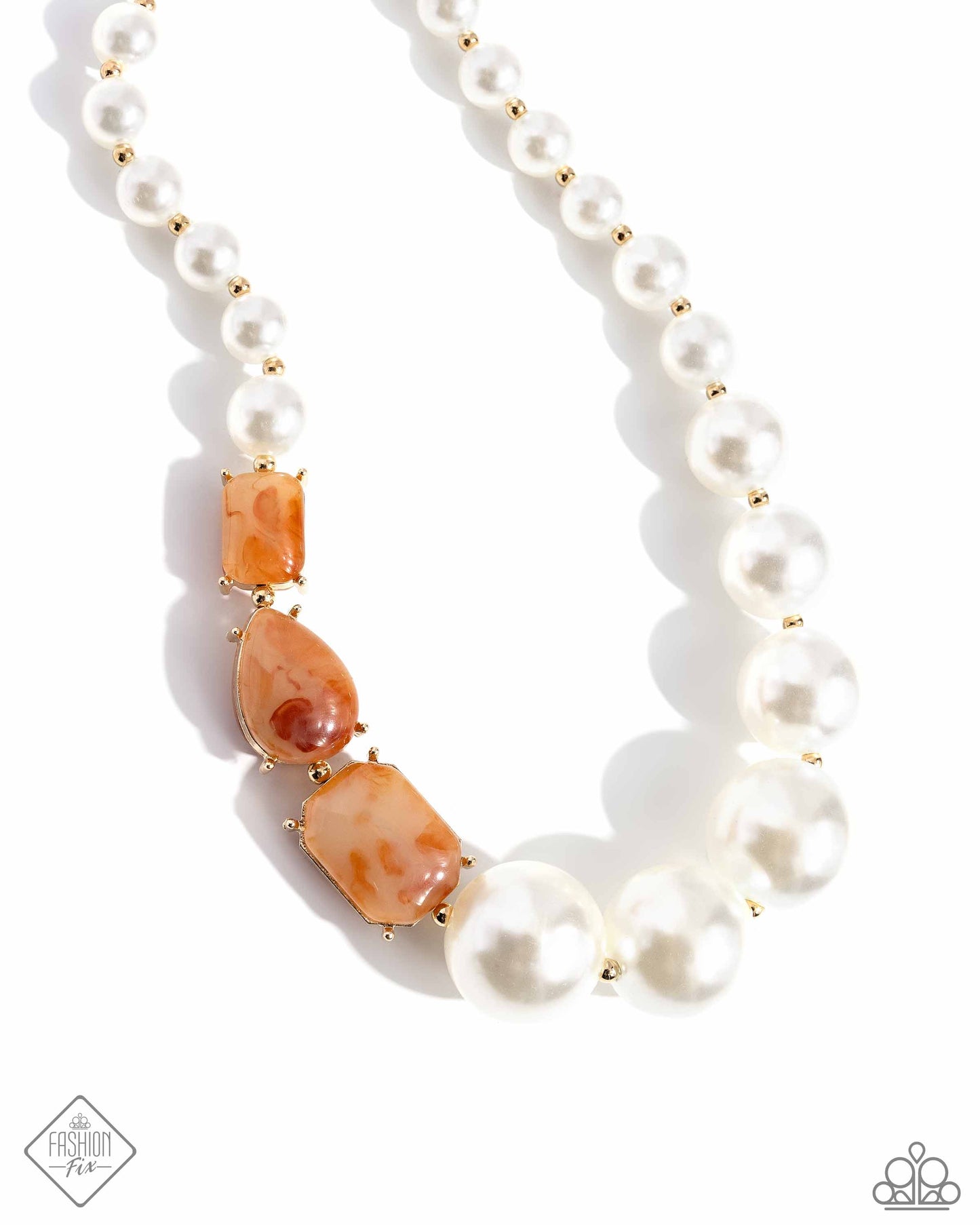 Marbled Moment - Orange Item #P2ST-OGXX-133ZW   Glossy white pearls gradually increase in size as they get closer to the center of the neckline, alternating with dainty gold beads, further highlighting their dramatic size and sheen. Interrupting the refined strand, a trio of orange-marbled teardrop, radiant, and emerald-cut acrylics in gold-pronged fittings create a dazzling display of color. Features an adjustable clasp closure.  Sold as one individual necklace. Includes one pair of matching earrings.