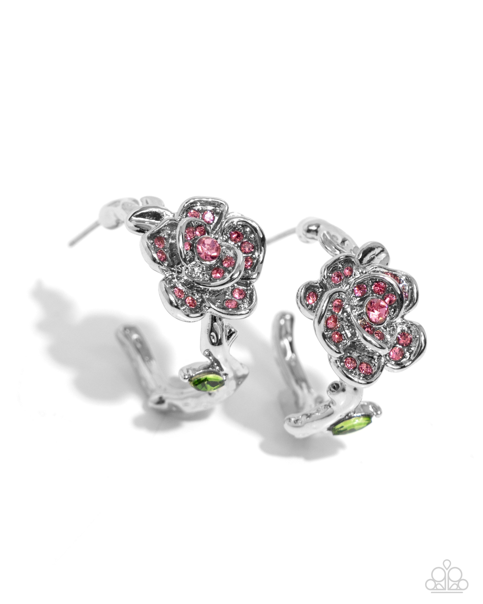 Mother ROSE Best Pink Hoop Earring - Paparazzi Accessories  Featuring rose rhinestones, a three-dimensional silver rose blooms atop a silver-vined hoop. A green marquise-cut gem adorns the vine for additional whimsical color. Earring attaches to a standard post fitting. Hoop measures approximately 3/4" in diameter.  Sold as one pair of hoop earrings.  P5HO-PKXX-087XX