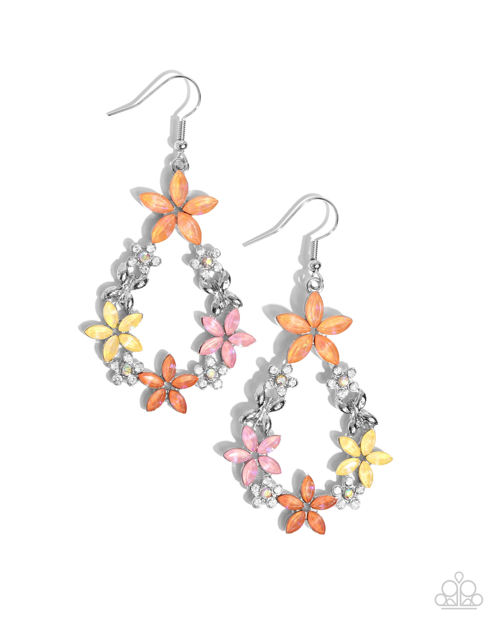 FAIRY Beautiful Orange Flower Earring - Paparazzi Accessories  Glittery Topaz Orange, yellow, orange, and pink marquise-cut flowers, silver butterflies, and white rhinestone flowers with yellow iridescent centers stack into a teardrop frame for a glamorous, whimsical fashion. Earring attaches to a standard fishhook fitting. Due to its prismatic palette, color may vary.  Sold as one pair of earrings.  P5ST-OGXX-033XX