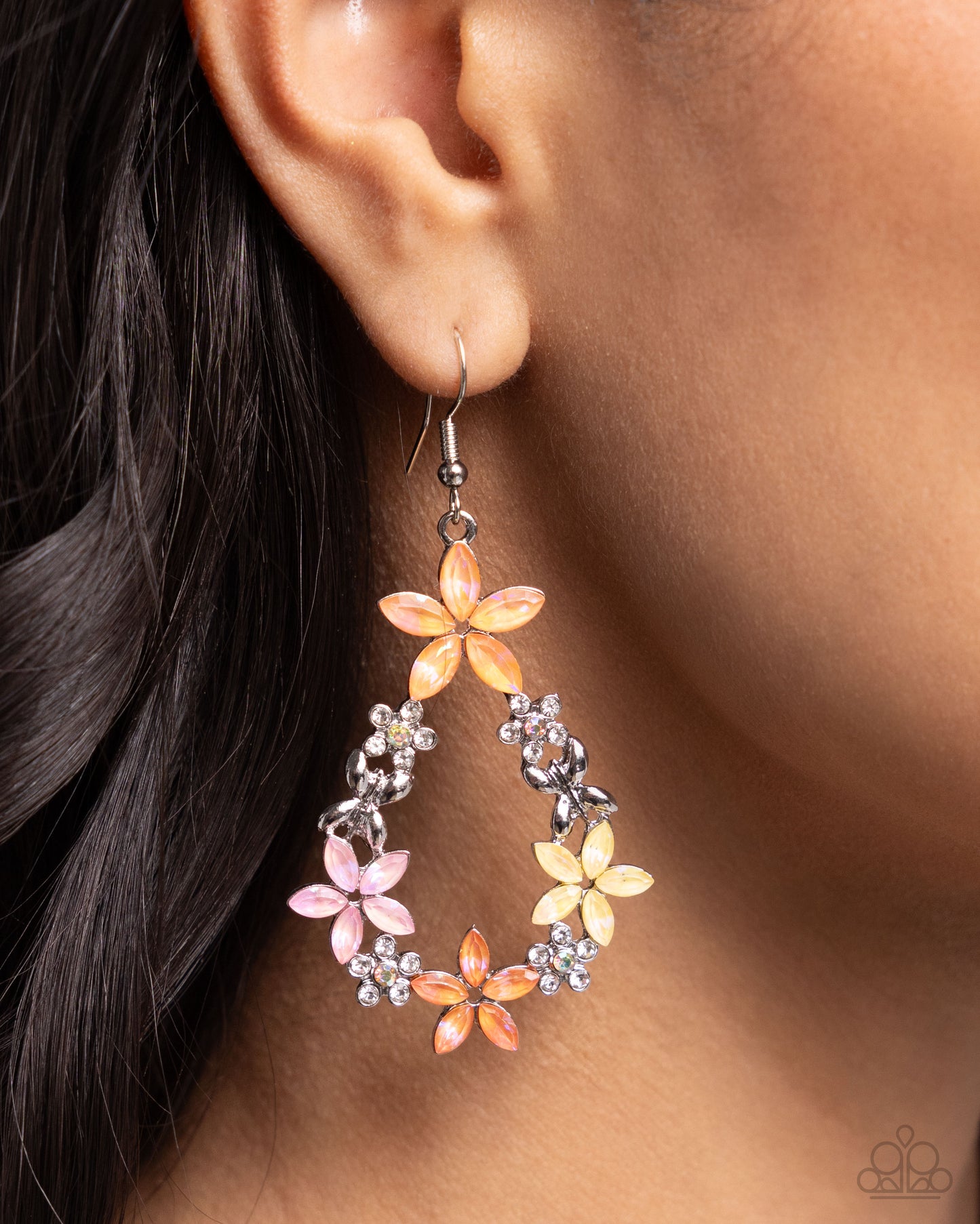 FAIRY Beautiful Orange Flower Earring - Paparazzi Accessories  Glittery Topaz Orange, yellow, orange, and pink marquise-cut flowers, silver butterflies, and white rhinestone flowers with yellow iridescent centers stack into a teardrop frame for a glamorous, whimsical fashion. Earring attaches to a standard fishhook fitting. Due to its prismatic palette, color may vary.  Sold as one pair of earrings.  P5ST-OGXX-033XX