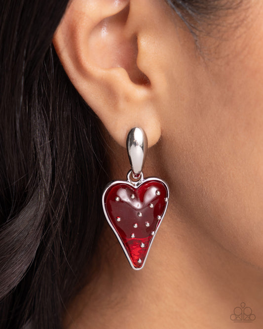 Glossy Goodwill Red Heart Earring - Paparazzi Accessories  A curved silver post gives way to a glossy jelly-like red strawberry pendant embellished with silver "seeds" for a sweet, summery statement. Earring attaches to a standard post fitting.  Sold as one pair of post earrings.  P5PO-RDXX-069XX