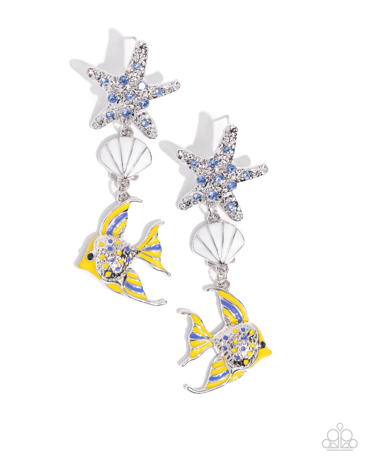 Under the Reef Multi Earring - Paparazzi Accessories  Featuring dainty blue rhinestones, a silver shatter-hammered starfish shimmers from the ear, giving way to a white pearl-painted silver seashell and royal blue and High Visibility-detailed and painted silver fish for a colorfully coastal look. Earring attaches to a standard post fitting.  Sold as one pair of post earrings.  P5PO-MTXX-135XX