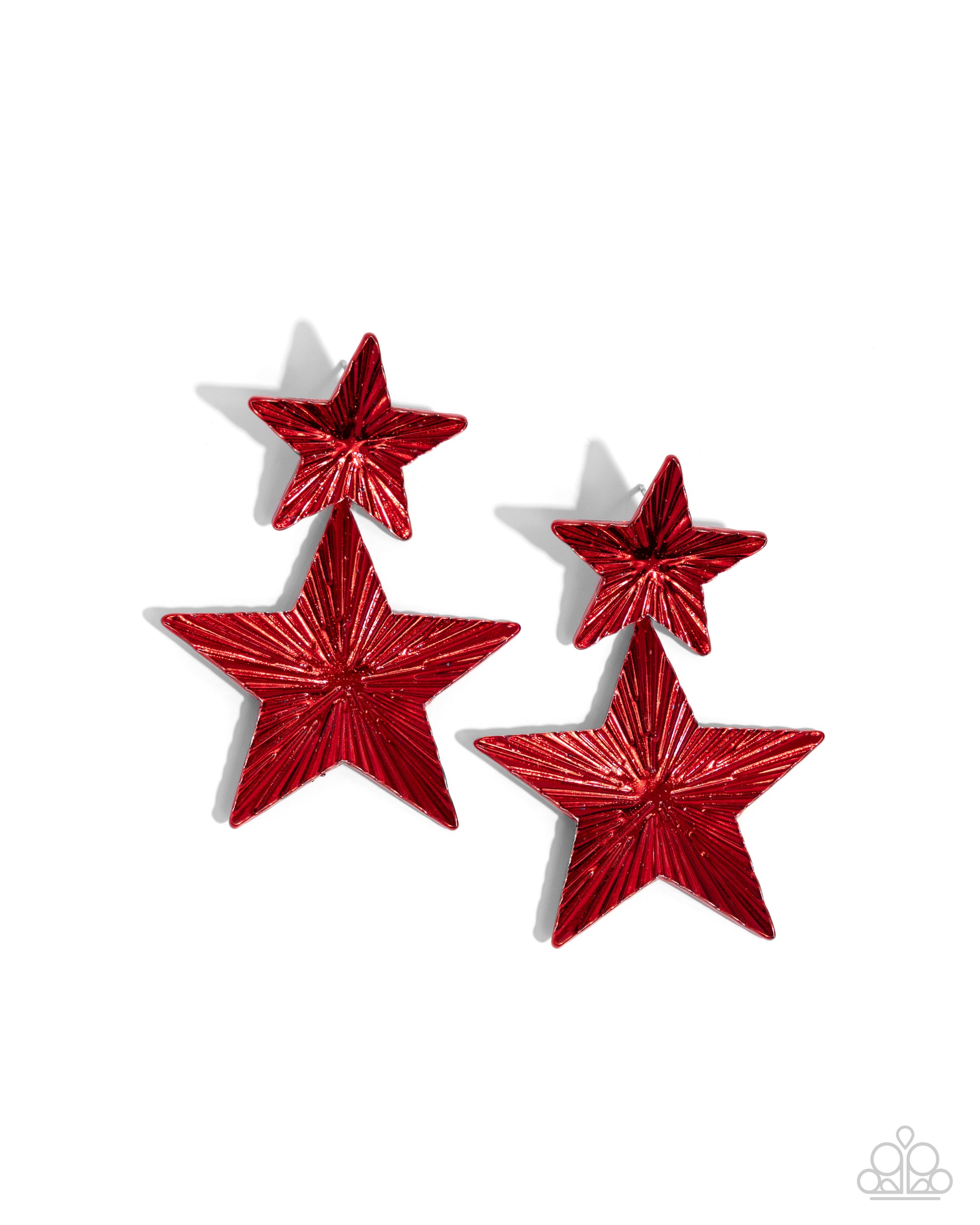 Patriotic Promise Red Star Post Earring - Paparazzi Accessories  Delicately fluted in shimmery textures, vibrant red stars, one larger than the other, delicately link into a stacked, patriotic lure. Earring attaches to a standard post fitting.  Sold as one pair of post earrings.  P5PO-RDXX-067XX