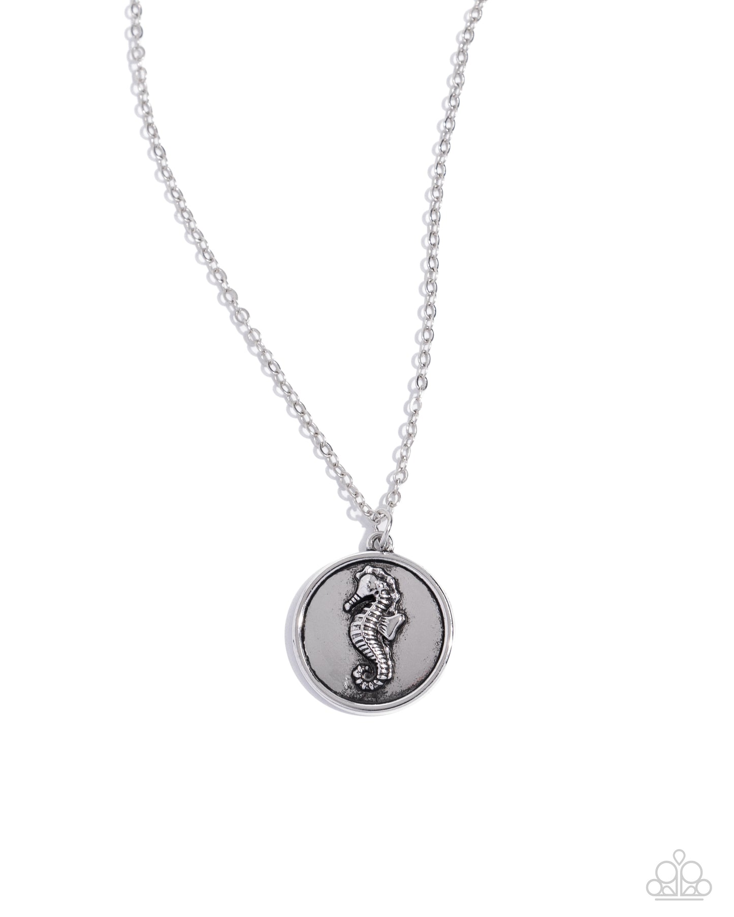 Seahorse Solo Silver Necklace - Paparazzi Accessories  Gliding along a silver chain, an antiqued silver pendant with an elevated high-sheen silver seahorse in its center creates a classic, coastal centerpiece. Features an adjustable clasp closure.  Sold as one individual necklace. Includes one pair of matching earrings.  P2SE-SVXX-189XX