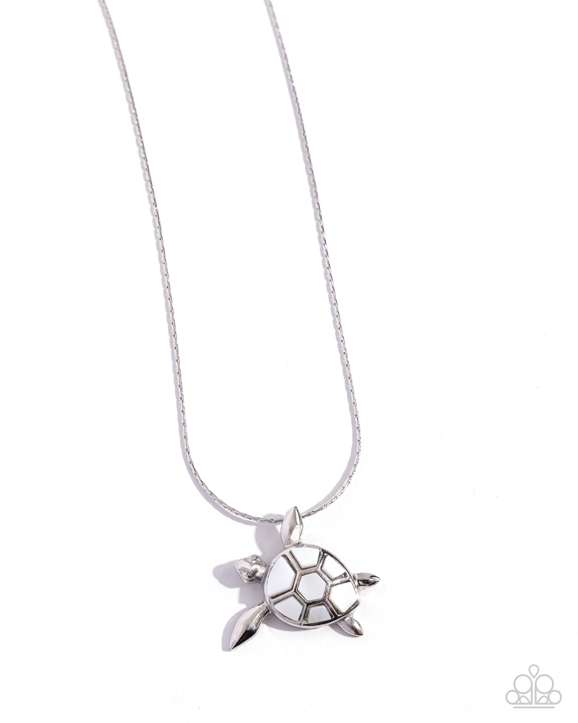 Sea Turtle Statement White Necklace - Paparazzi Accessories  Featuring chiseled pieces of white shell, a silver sea turtle charm swims along a dainty silver chain below the neckline from one of its glistening silver fins for a tilted tidal look. Features an adjustable clasp closure.  Sold as one individual necklace. Includes one pair of matching earrings.  P2SE-WTXX-323XX