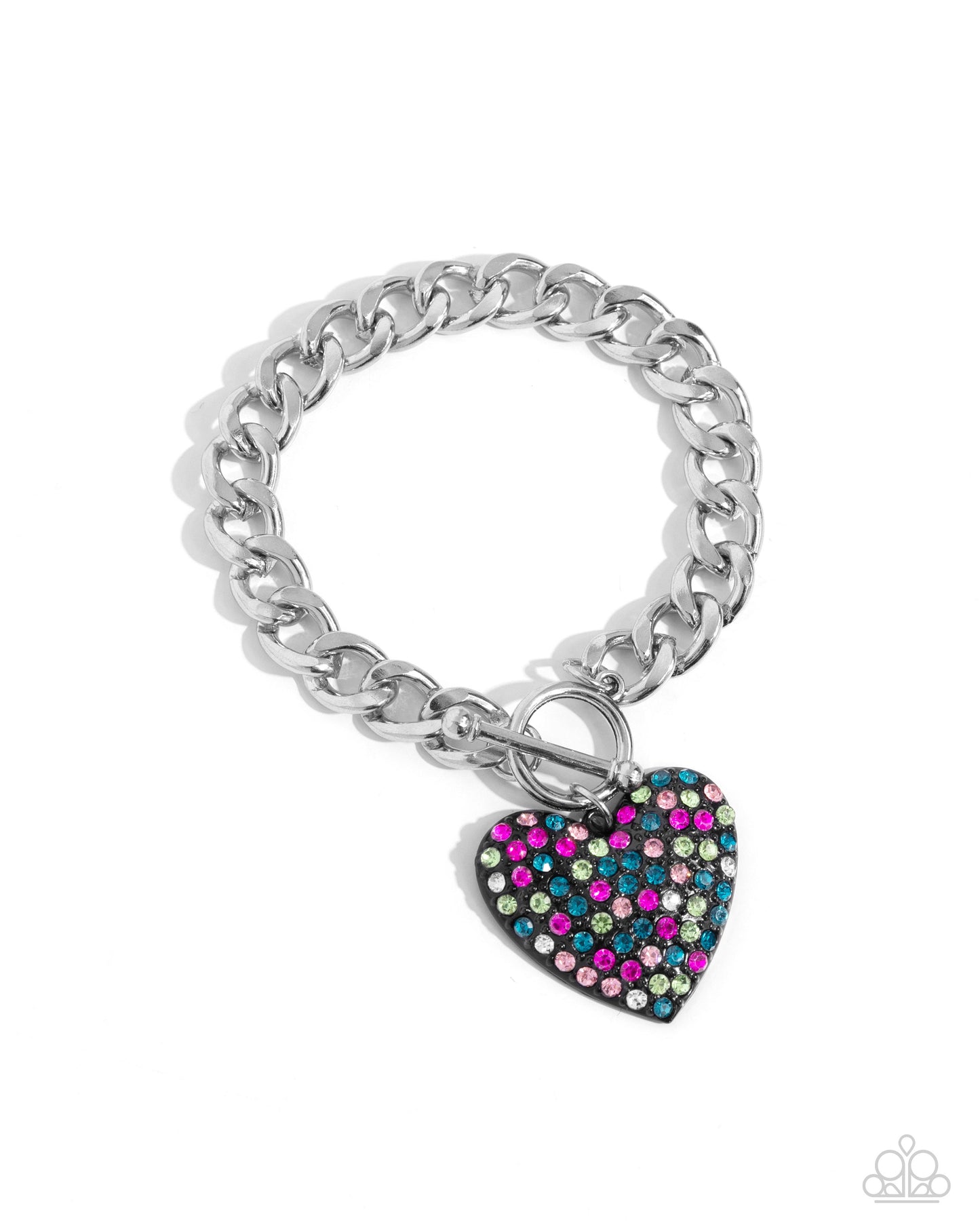 Enamored Elegance Black Heart Toggle Bracelet - Paparazzi Accessories  Featuring a collection of multicolored rhinestones, a black heart-shaped pendant sparkles from a toggle closure at the center of a silver curb chain for a flirtatious fashion around the wrist. Features a toggle closure.  Sold as one individual bracelet.  P9WH-BKXX-200XX