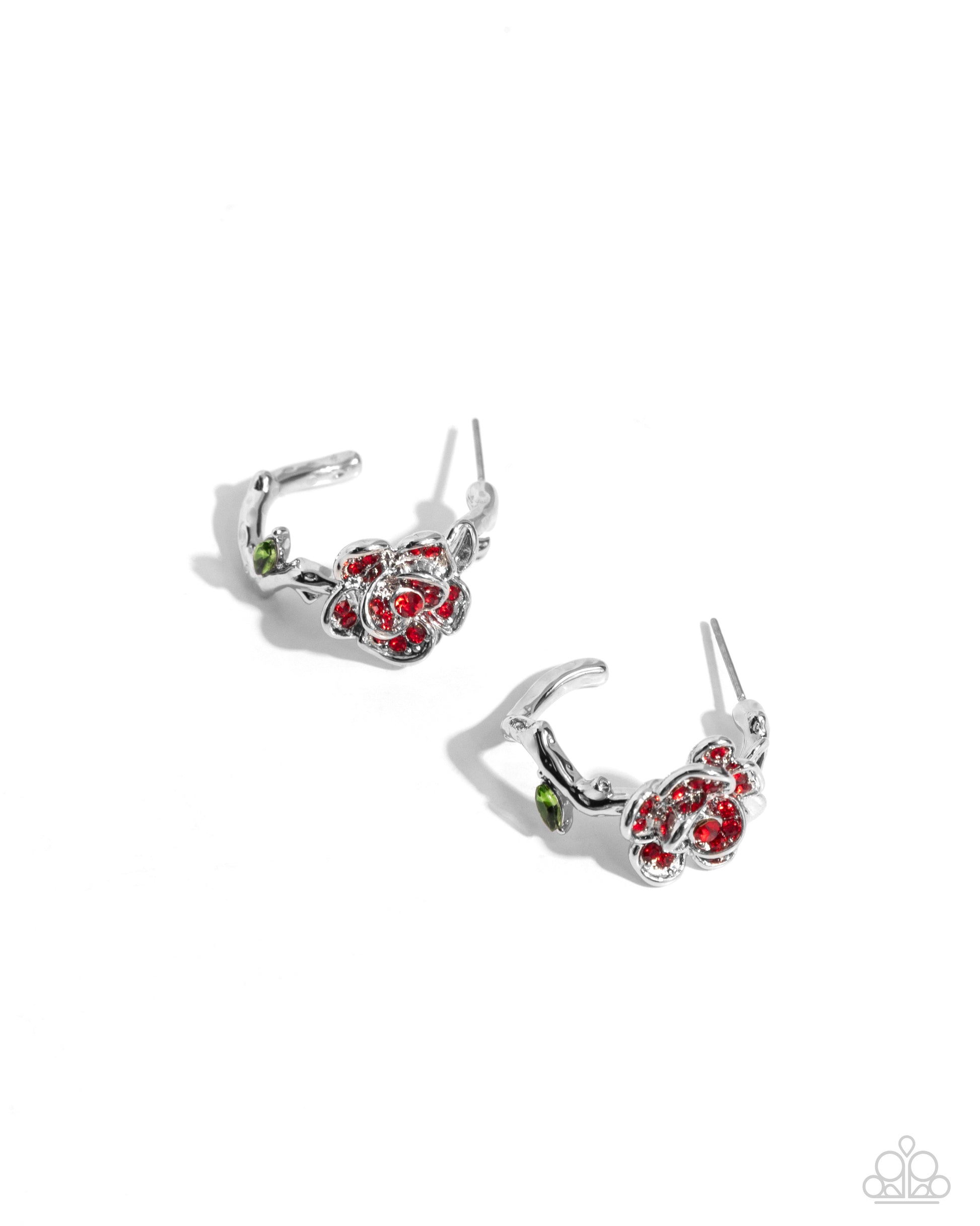 Mother ROSE Best Red Hoop Earring - Paparazzi Accessories  Featuring red rhinestones, a three-dimensional silver rose blooms atop a silver-vined hoop. A green marquise-cut gem adorns the vine for additional whimsical color. Earring attaches to a standard post fitting. Hoop measures approximately 3/4" in diameter.  Sold as one pair of hoop earrings.  P5HO-RDXX-035XX