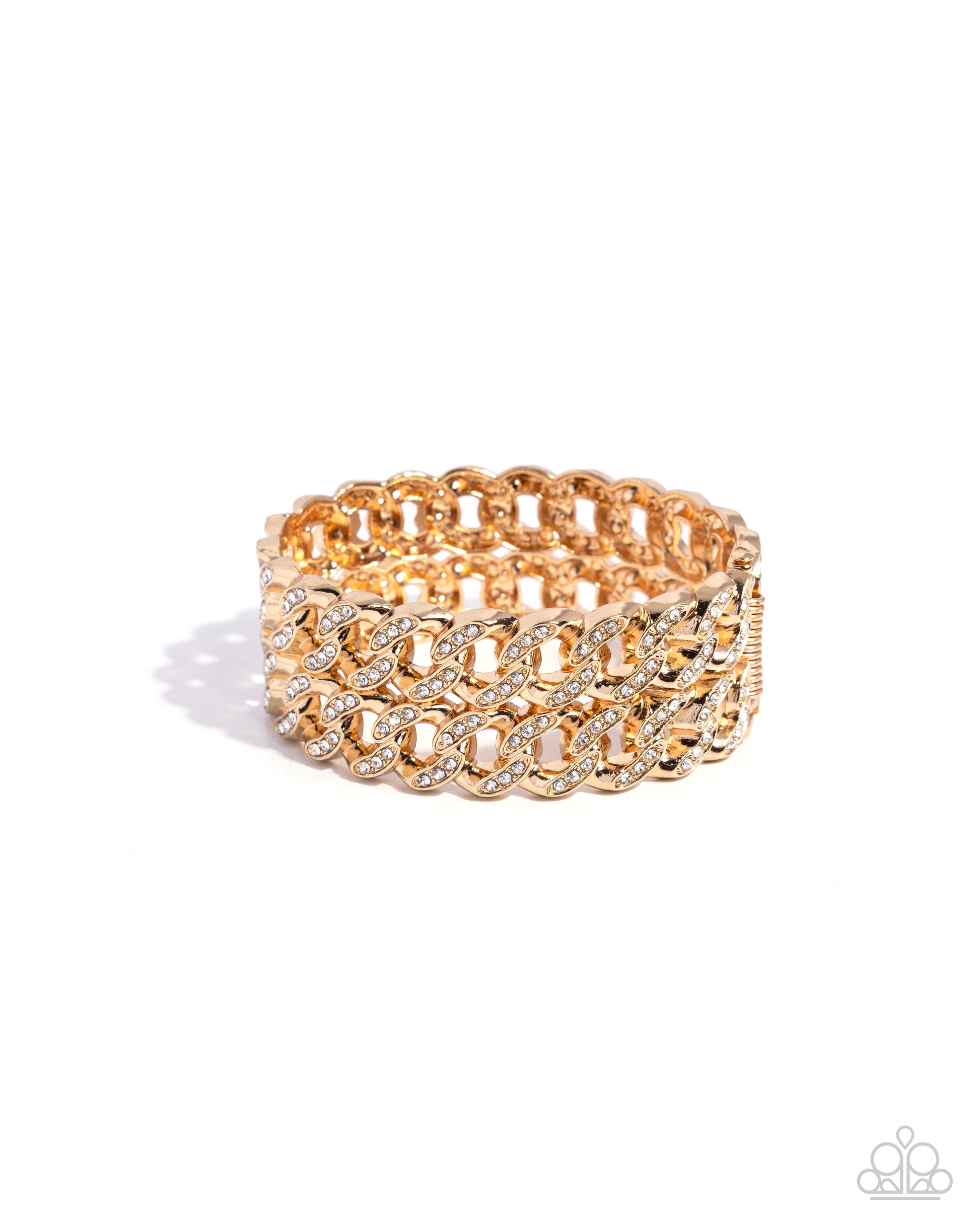 Braided Bandit Gold Hinge Bracelet - Paparazzi Accessories  Embellished with glistening white rhinestones, elongated gold curb chains stack atop one another to create a bold, stackable braided look along the wrist.  Sold as one individual bracelet.  P9ED-GDXX-076XX