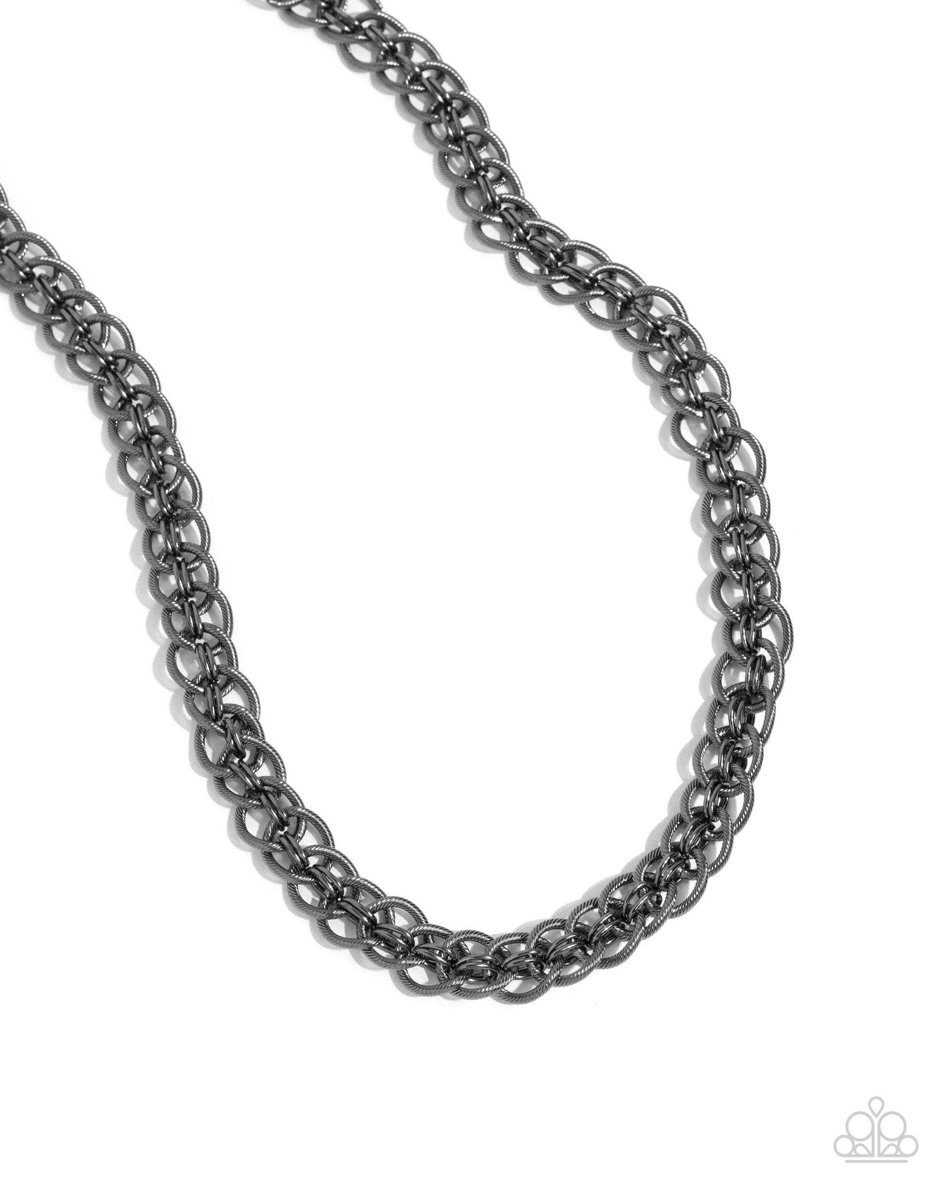 Coiled Conviction Black Unisex Necklace - Paparazzi Accessories  A collection of coiled gunmetal rings interlock between duos of sleek, high-sheen gunmetal rings along the neckline for a confidently chic look. Features an adjustable clasp closure.  Sold as one individual necklace.  P2MN-URBK-083XX