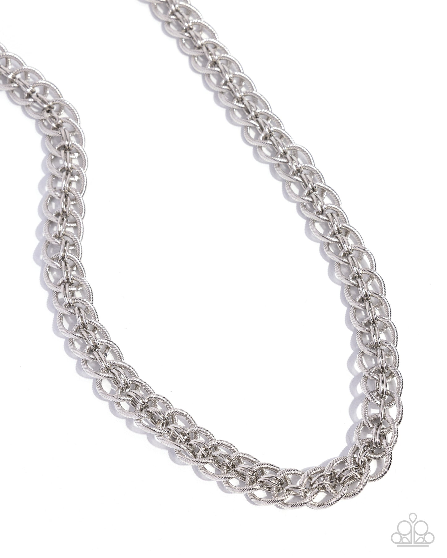 Coiled Conviction Silver Unisex Necklace - Paparazzi Accessories  A collection of coiled silver rings interlock between duos of sleek, high-sheen silver rings along the neckline for a confidently chic look. Features an adjustable clasp closure.  Sold as one individual necklace.  P2MN-URSV-078XX