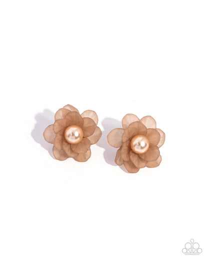 Blooming Backdrop Brown Flower Post Earring - Paparazzi Accessories  Topaz matte petals bloom around a glossy oversized Brush pearl center at the ear for a beautiful, blooming basic. Earring attaches to a standard post fitting.  Sold as one pair of post earrings.  P5PO-BNXX-046XX