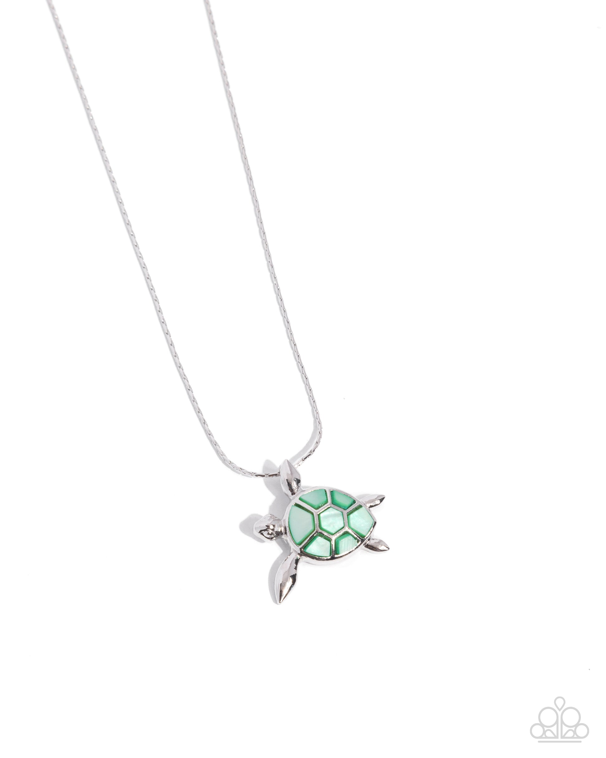 Sea Turtle Statement Green Necklace - Paparazzi Accessories  Featuring chiseled pieces of green shell, a silver sea turtle charm swims along a dainty silver chain below the neckline from one of its glistening silver fins for a tilted tidal look. Features an adjustable clasp closure.  Sold as one individual necklace. Includes one pair of matching earrings.  P2SE-GRXX-283XX