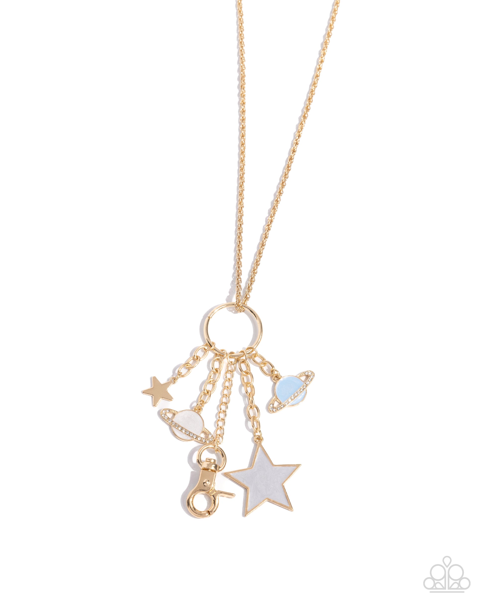  Planetary Pizzazz Gold Lanyard - Paparazzi Accessories Accented with pearlized paint, a collection of light blue and white Saturn-inspired planets, complete with a gold ring of white rhinestones, a gray-painted oversized gold star, and a solitaire gold star cascade from the bottom of a gold ring attached to a lengthened gold rope chain for a cosmically chic look. A gold lobster clasp hangs from the bottom of the design to allow a name badge or other item to be attached. P2LN-GDXX-056XX