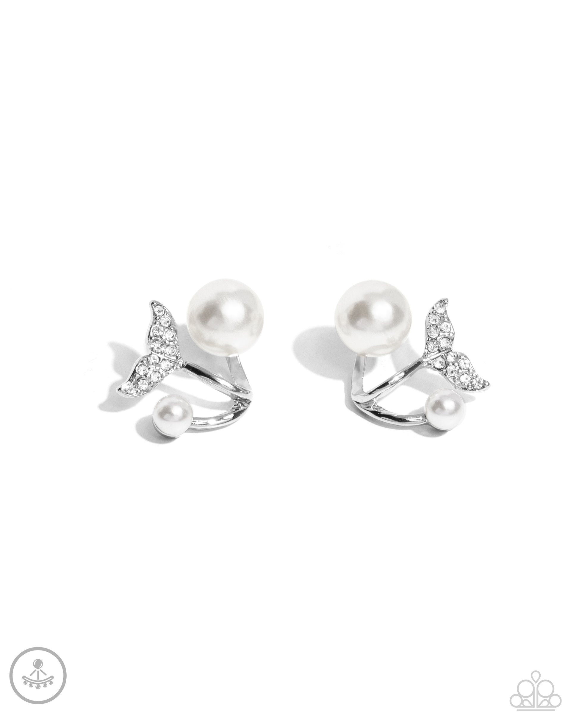 Modular Mermaid White Jacket Earring - Paparazzi Accessories  Embellished in white rhinestones, a silver mermaid tail swoops below the ear. Glossy white pearls in varying sizes frame the mermaid tail for additional coastal charm. Earring attaches to a standard post fitting.  Sold as one pair of double-sided post earrings.  P5PO-WTXX-435XX