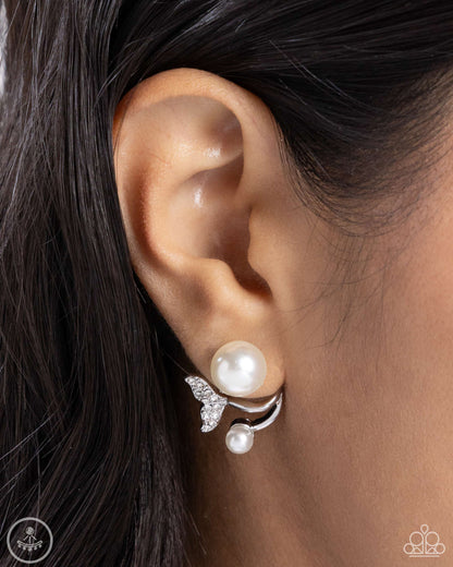 Modular Mermaid White Jacket Earring - Paparazzi Accessories  Embellished in white rhinestones, a silver mermaid tail swoops below the ear. Glossy white pearls in varying sizes frame the mermaid tail for additional coastal charm. Earring attaches to a standard post fitting.  Sold as one pair of double-sided post earrings.  P5PO-WTXX-435XX