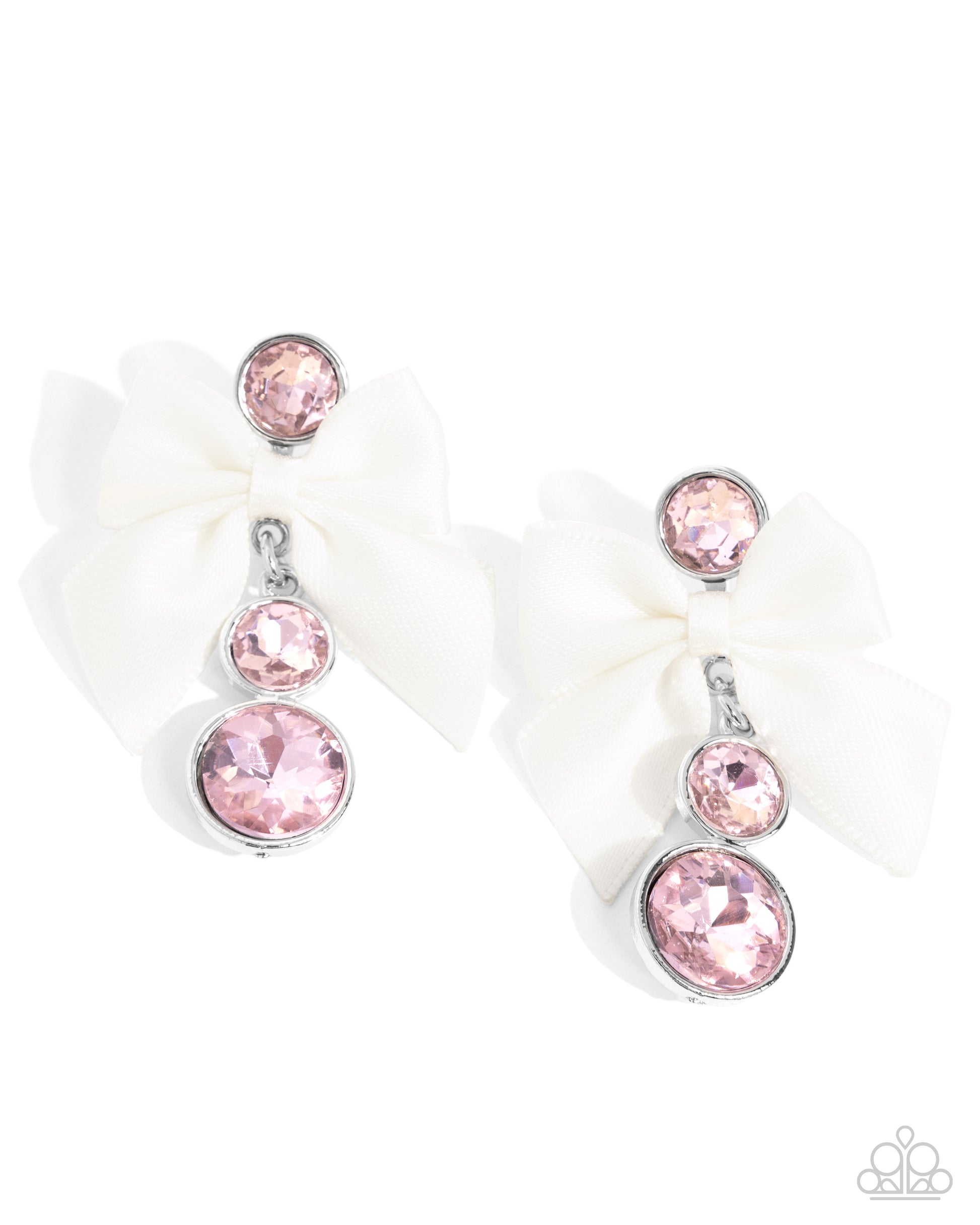 Genteel Glam Pink Bow Earring - Paparazzi Accessories  Three timeless pink gems in varying sizes are delicately encased in silver frames as they link below the ear into a refined lure. An ivory bow is tied along the glittery strand between two gems, adding a layer of sophistication to the glamorous look. Earring attaches to a standard post fitting.  Sold as one pair of post earrings.  P5PO-PKXX-128BG   Get The Complete Look! Necklace: "Genteel Gallery - Pink" (Sold Separately)