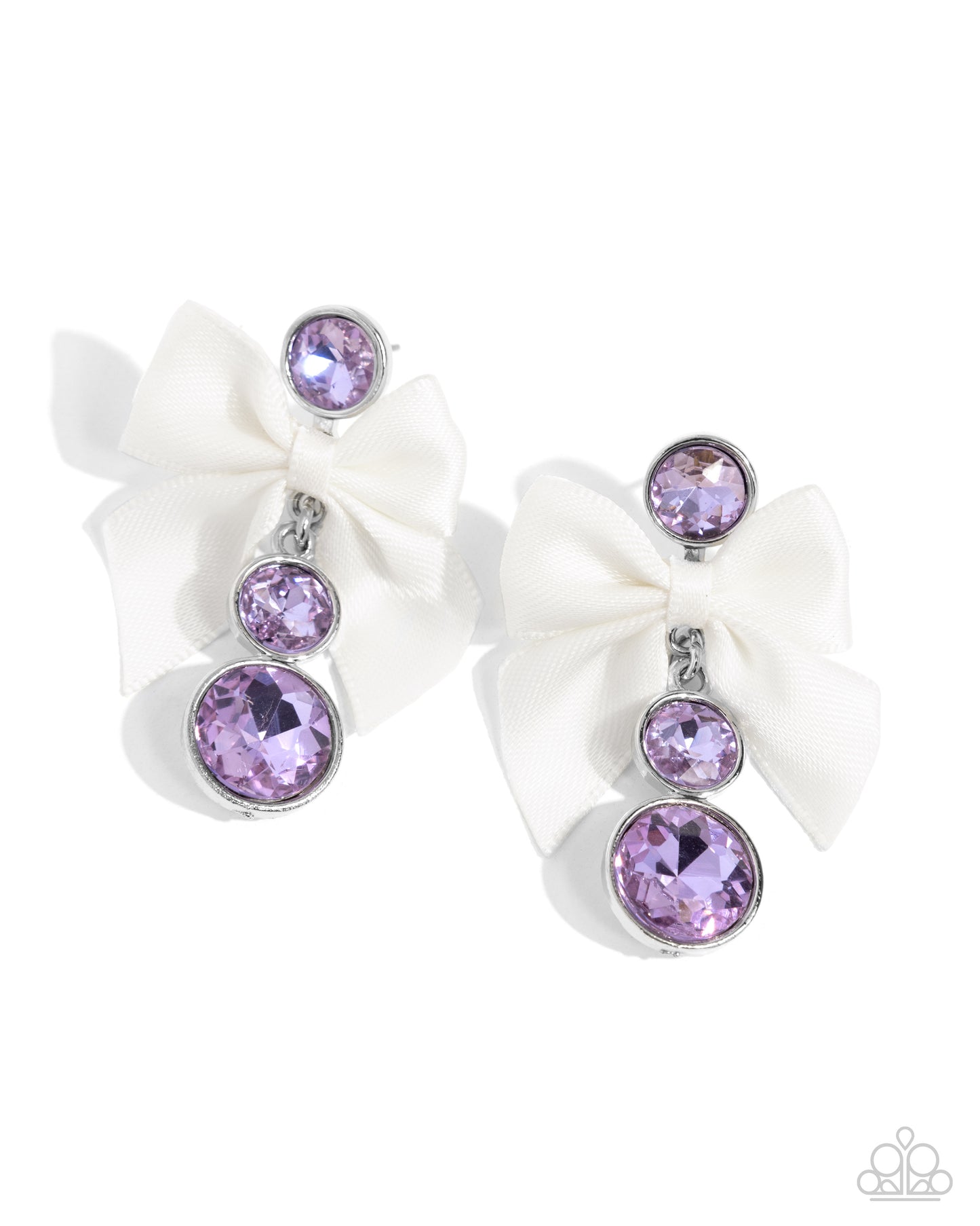 Genteel Glam Purple Post Earring - Paparazzi Accessories  Three timeless violet gems in varying sizes are delicately encased in silver frames as they link below the ear into a refined lure. An ivory bow is tied along the glittery strand between two gems, adding a layer of sophistication to the glamorous look. Earring attaches to a standard post fitting.  P5PO-PRXX-037BF  Sold as one pair of post earrings.&nbsp;  Get The Complete Look! Necklace: "Genteel Gallery - Purple" (Sold Separately)