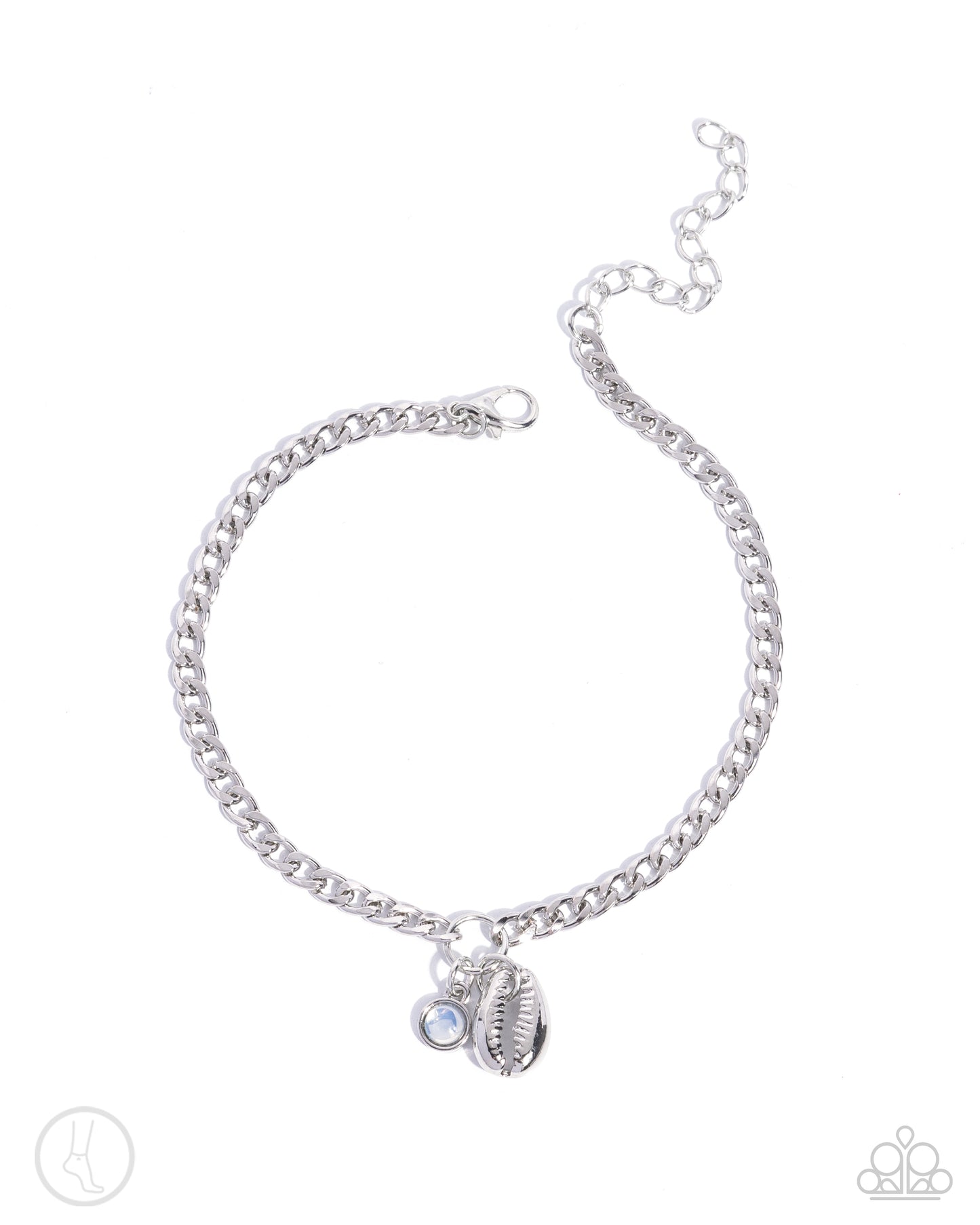 Conch Comeback White Anklet - Paparazzi Accessories  Attached to a silver ring, an opalescent white bead, and a silver conch shell swing from a silver curb chain around the ankle for a charming, coastal centerpiece. Features an adjustable clasp closure.  Sold as one individual anklet.  P9AN-WTXX-065XX