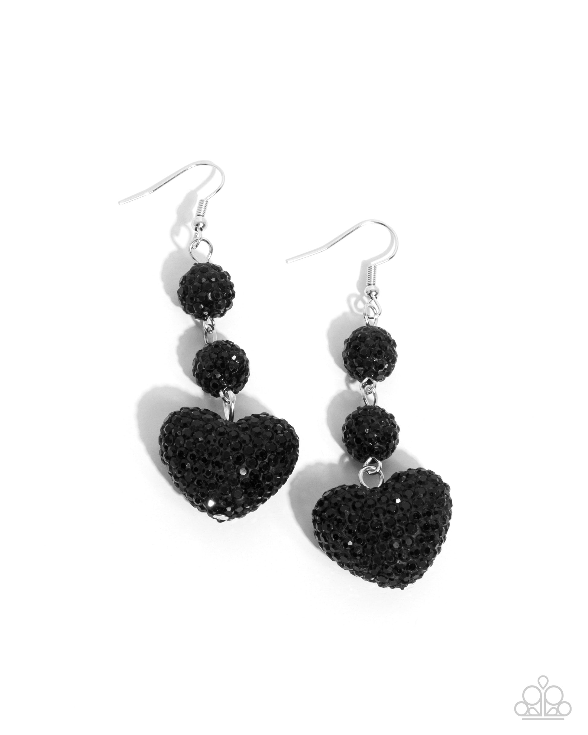 Vision in Shimmer Black Heart Earring - Paparazzi Accessories  Embellished in defaced jet black rhinestones, a duo of black ornaments and a black heart delicately link into an elegant lure, creating a shimmery look. Earring attaches to a standard fishhook fitting.  Sold as one pair of earrings.  P5RE-BKXX-466XX