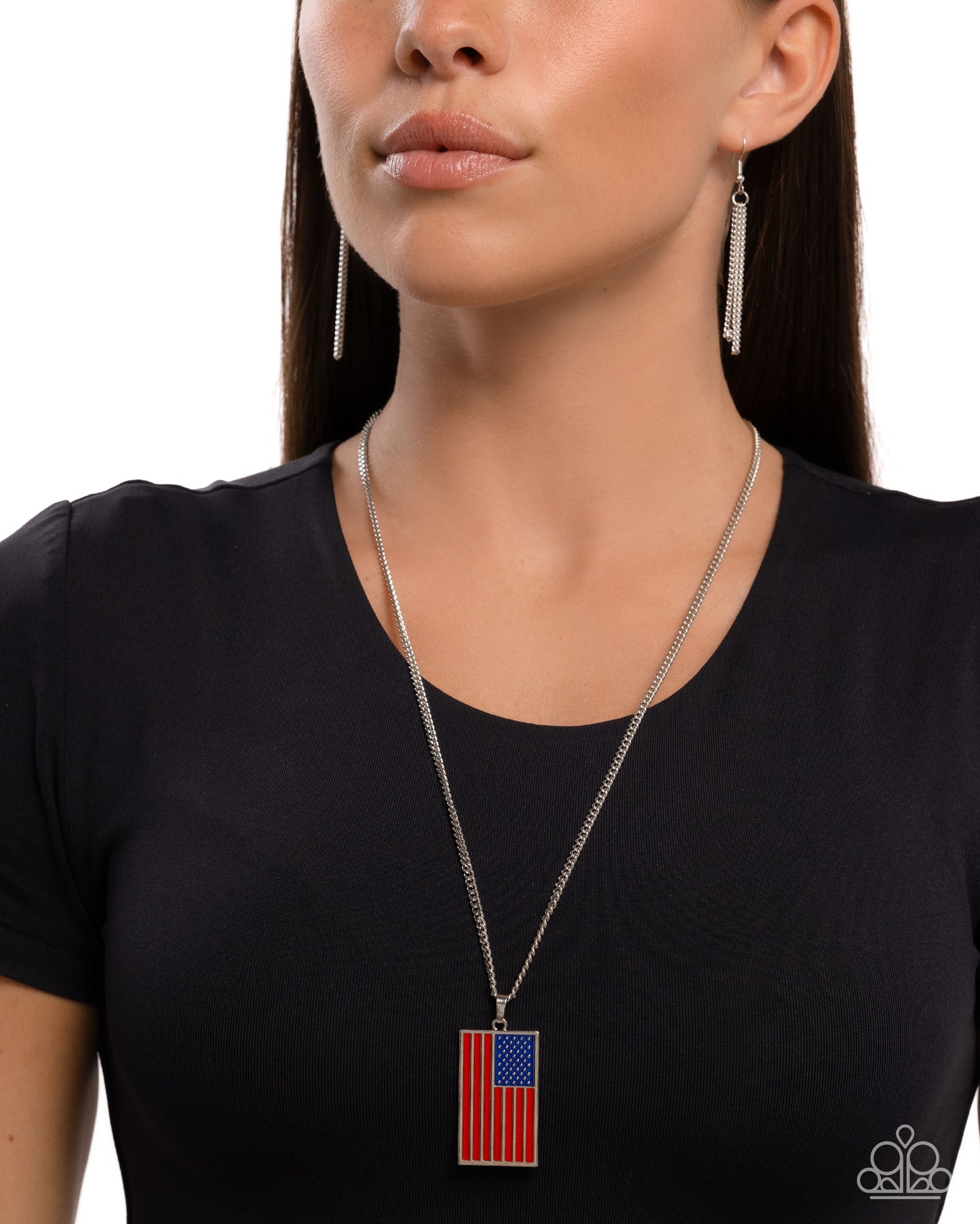 Patriotic Pendant Red Flag Necklace - Paparazzi Accessories  Gliding along an extended silver chain, a silver rectangle pendant featuring red and blue paint, with silver studs mimicking stars, creates an American Flag pendant for a patriotic look. Features an adjustable clasp closure.  Sold as one individual necklace. Includes one pair of matching earrings.  P2RE-RDXX-277XX