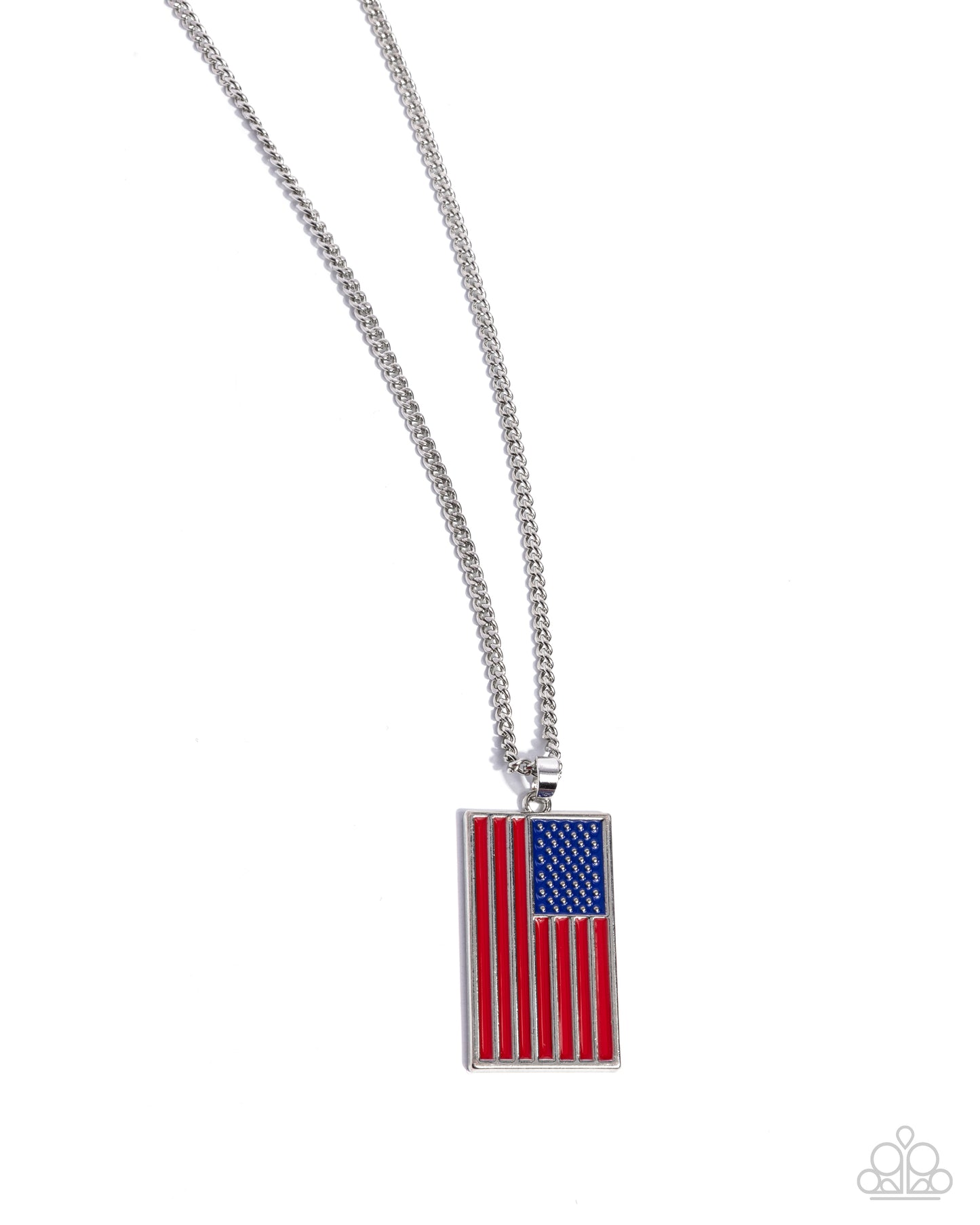 Patriotic Pendant Red Flag Necklace - Paparazzi Accessories  Gliding along an extended silver chain, a silver rectangle pendant featuring red and blue paint, with silver studs mimicking stars, creates an American Flag pendant for a patriotic look. Features an adjustable clasp closure.  Sold as one individual necklace. Includes one pair of matching earrings.  P2RE-RDXX-277XX