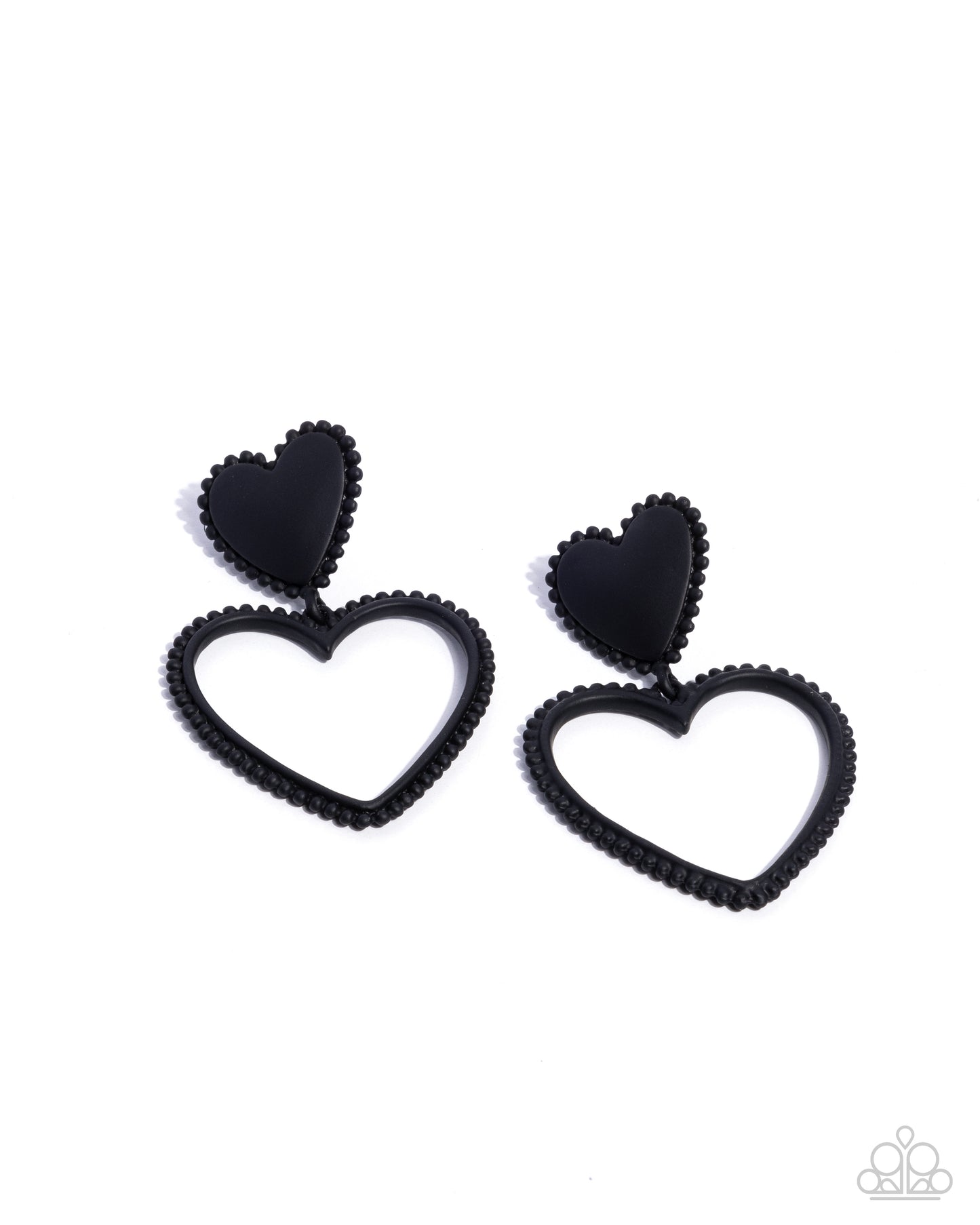 Casual Chemistry Black Heart Post Earring - Paparazzi Accessories  Embellished in black-painted studs, an acrylic black heart gives way to an oversized black heart silhouette for a sophisticatedly sweet look. Earring attaches to a standard post fitting.  Sold as one pair of post earrings.  P5PO-BKXX-251XX