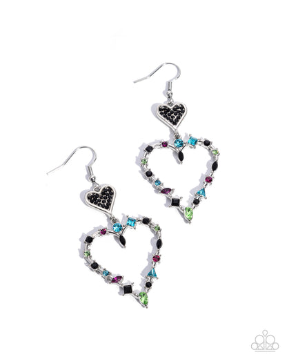 Parallel Passion Black Heart Earring - Paparazzi Accessories  Embellished in black rhinestones, a dainty silver heart gives way to a silver heart silhouette frame. Set in pronged silver fittings along the heart frame, multicolored gems and rhinestones in various shapes glitter for a bewitching display. Earring attaches to a standard fishhook fitting.  Sold as one pair of earrings.  P5RE-BKXX-469XX