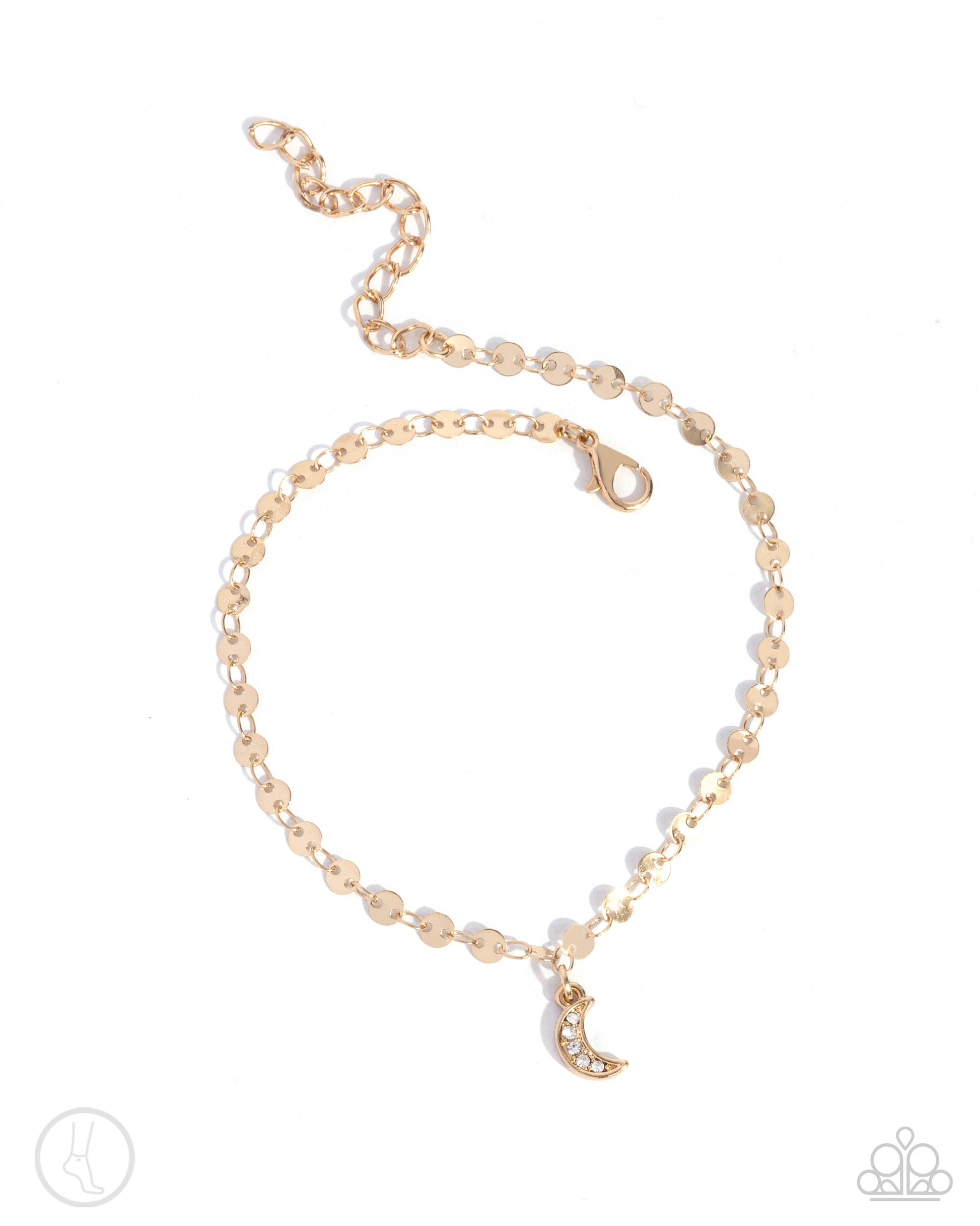 Crescent Chic Gold Moon Anklet - Paparazzi Accessories  A rounded gold soda tab-inspired chain circles around the ankle while a dainty white rhinestone-encrusted gold crescent moon swings for a charmingly cosmic look. Features an adjustable clasp closure.  Sold as one individual anklet.  P9AN-GDXX-087XX