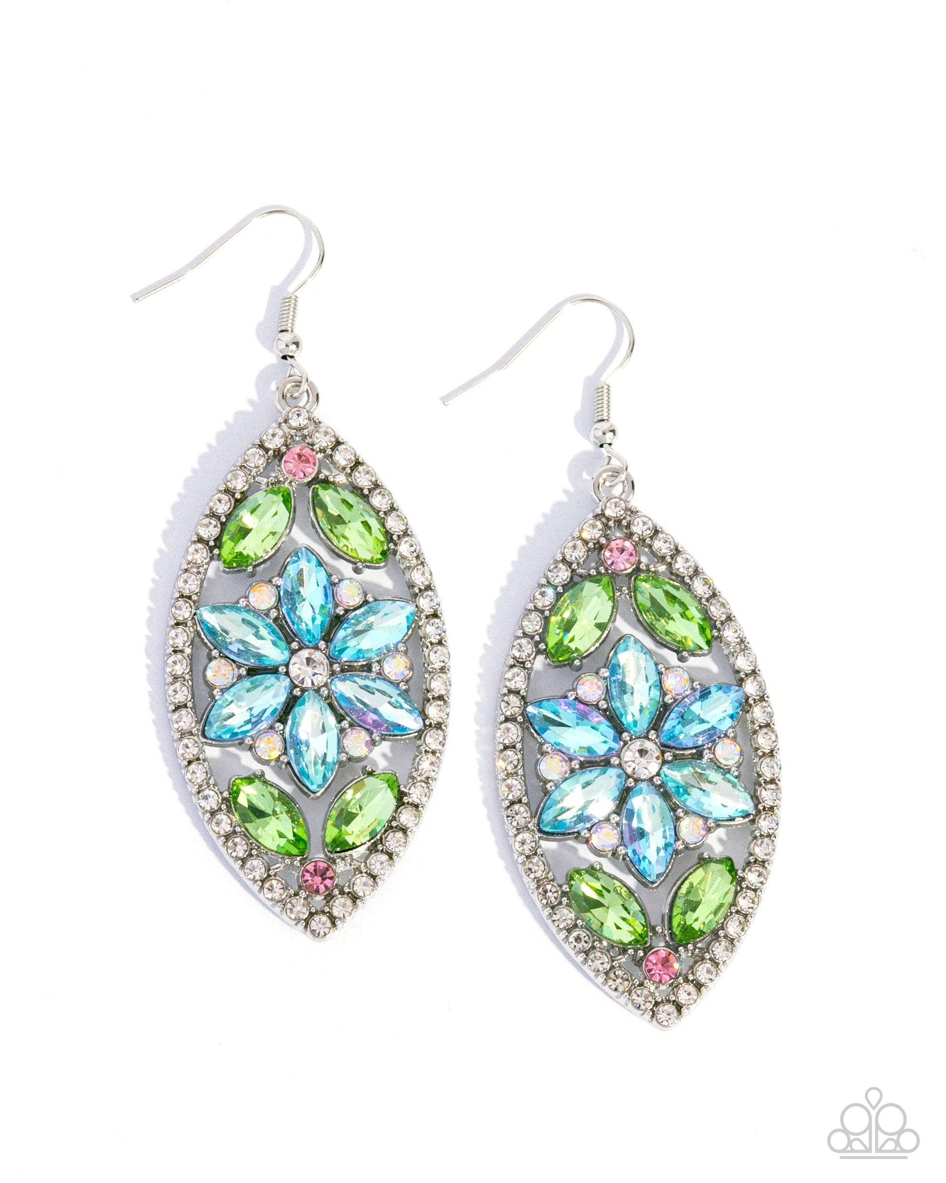 Gallant Garden Blue Earring - Paparazzi Accessories Pronged along the inner surface of a silver teardrop, a collection of green marquise-cut gem leaves bloom from solitaire light rose rhinestones while a white rhinestone-centered blue marquise-cut gem flower is featured in the center. Iridescent rhinestones frame around the blue flower for a touch of radiance while the teardrop frame itself is bordered in white rhinestones for a sparkly finish. P5RE-BLXX-312XX