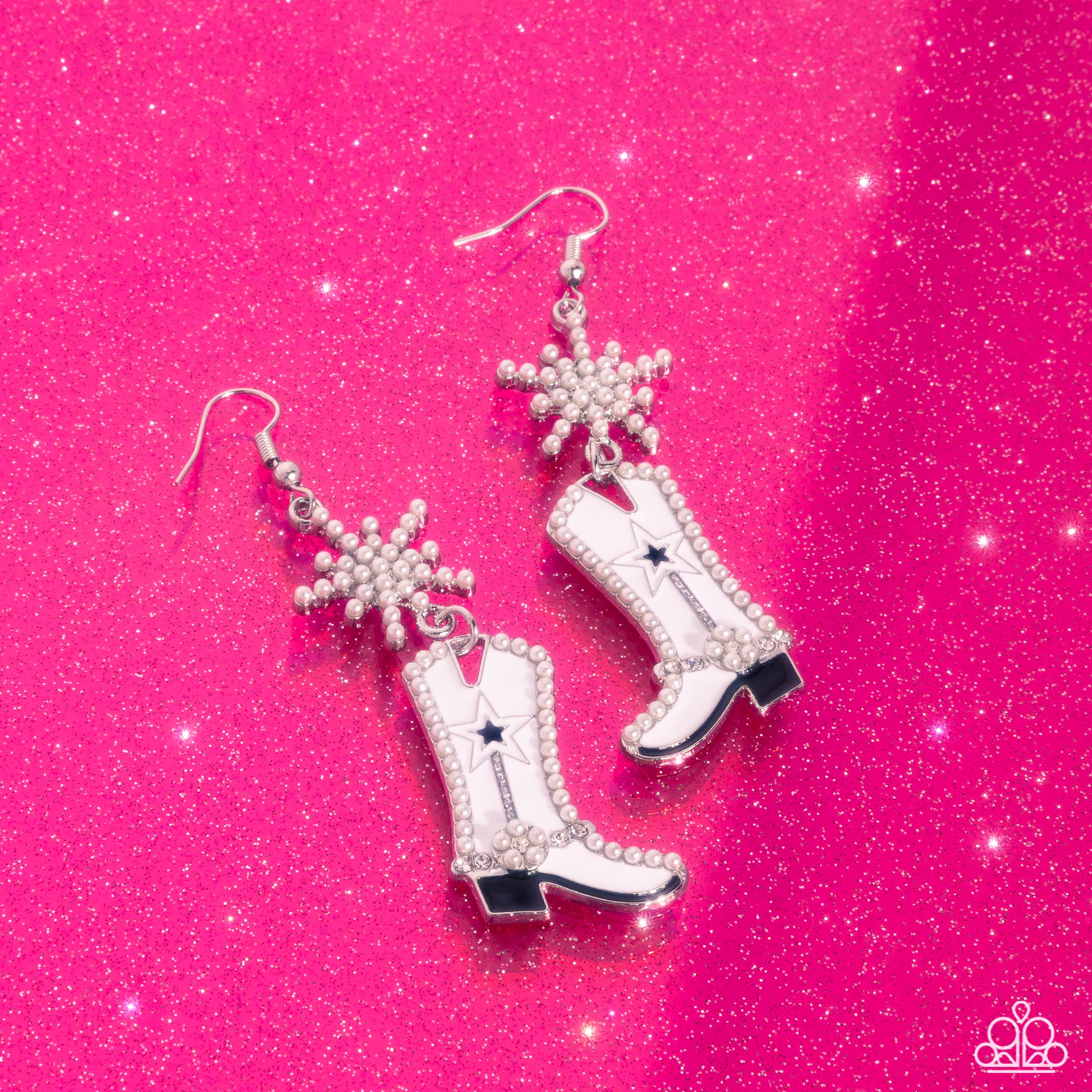 Compelling Cowboy White Boot Earring - Paparazzi Accessories  Embellished in dainty white pearls an explosive silver star gives way to a white-painted cowboy boot. Lined with black-painted details, white rhinestones, and similar dainty white pearls, the cowboy boot kicks below the ear for a Western whimsical look. Earring attaches to a standard fishhook fitting.  Sold as one pair of earrings.  P5SE-WTXX-232XX