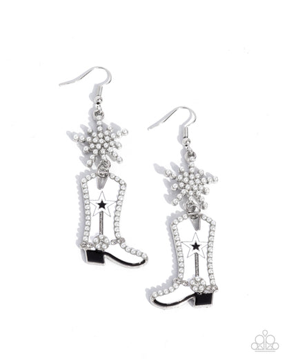 Compelling Cowboy White Boot Earring - Paparazzi Accessories  Embellished in dainty white pearls an explosive silver star gives way to a white-painted cowboy boot. Lined with black-painted details, white rhinestones, and similar dainty white pearls, the cowboy boot kicks below the ear for a Western whimsical look. Earring attaches to a standard fishhook fitting.  Sold as one pair of earrings.  P5SE-WTXX-232XX