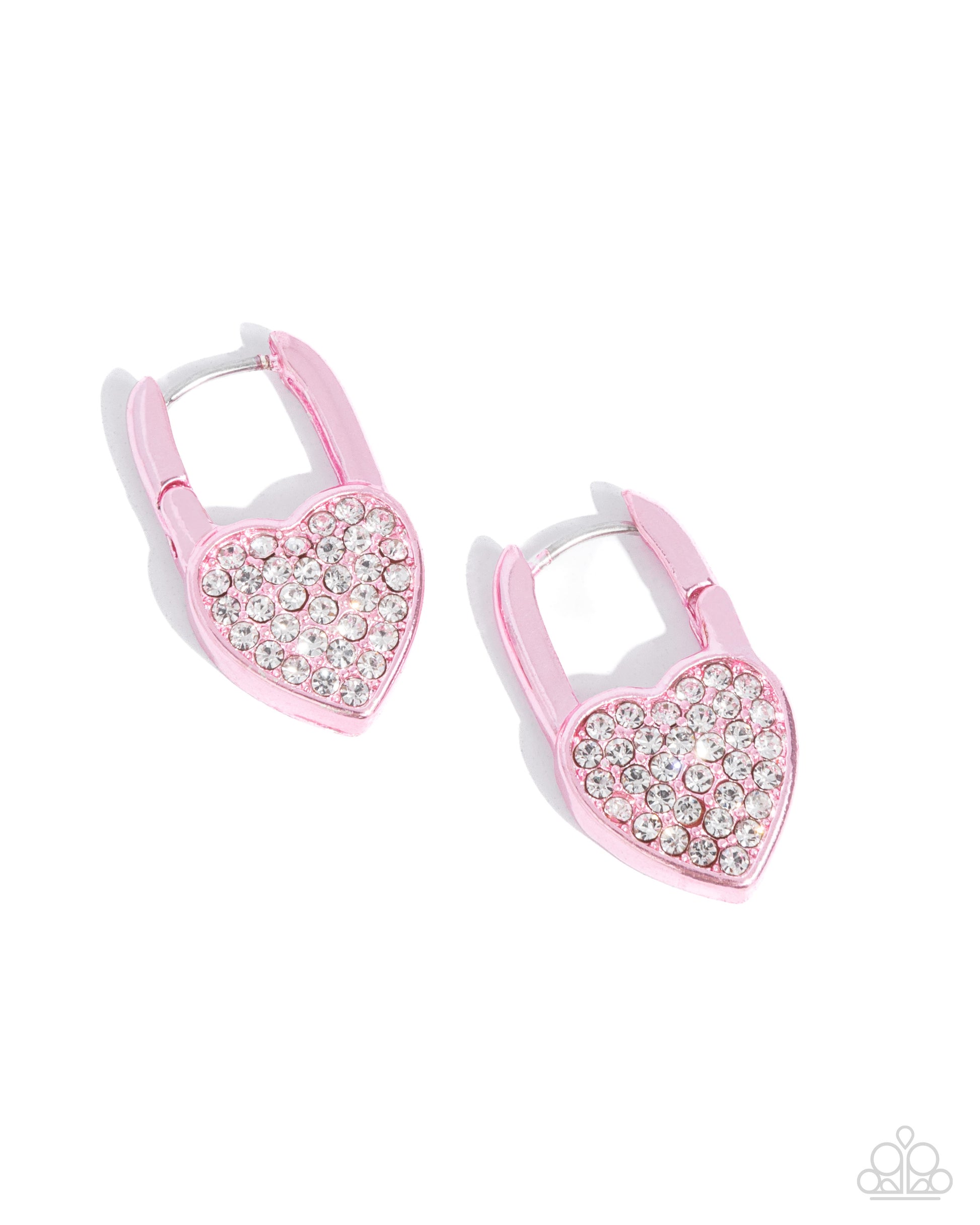 Padlocked Promise Pink Hinge Hoop Earring - Paparazzi Accessories  Modeled after a padlock, a pink-painted heart frame is embellished with white rhinestones for a shimmery sealed look along the ear. Earring attaches to a standard hinge closure fitting. Hoop measures approximately 1/2" in diameter.  Sold as one pair of hinge hoop earrings.  P5HO-PKXX-102XX