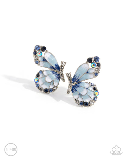 Decadent Descent Blue Butterfly Clip-On Earring - Paparazzi Accessories