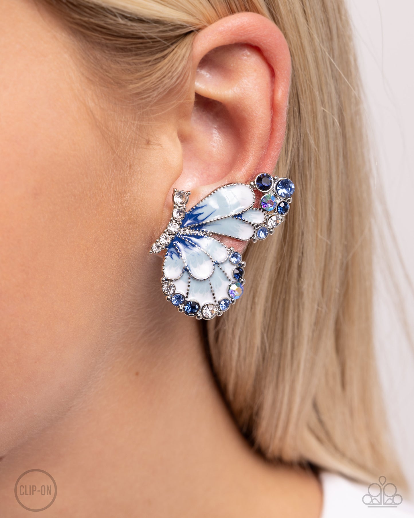 Decadent Descent Blue Butterfly Clip-On Earring - Paparazzi Accessories